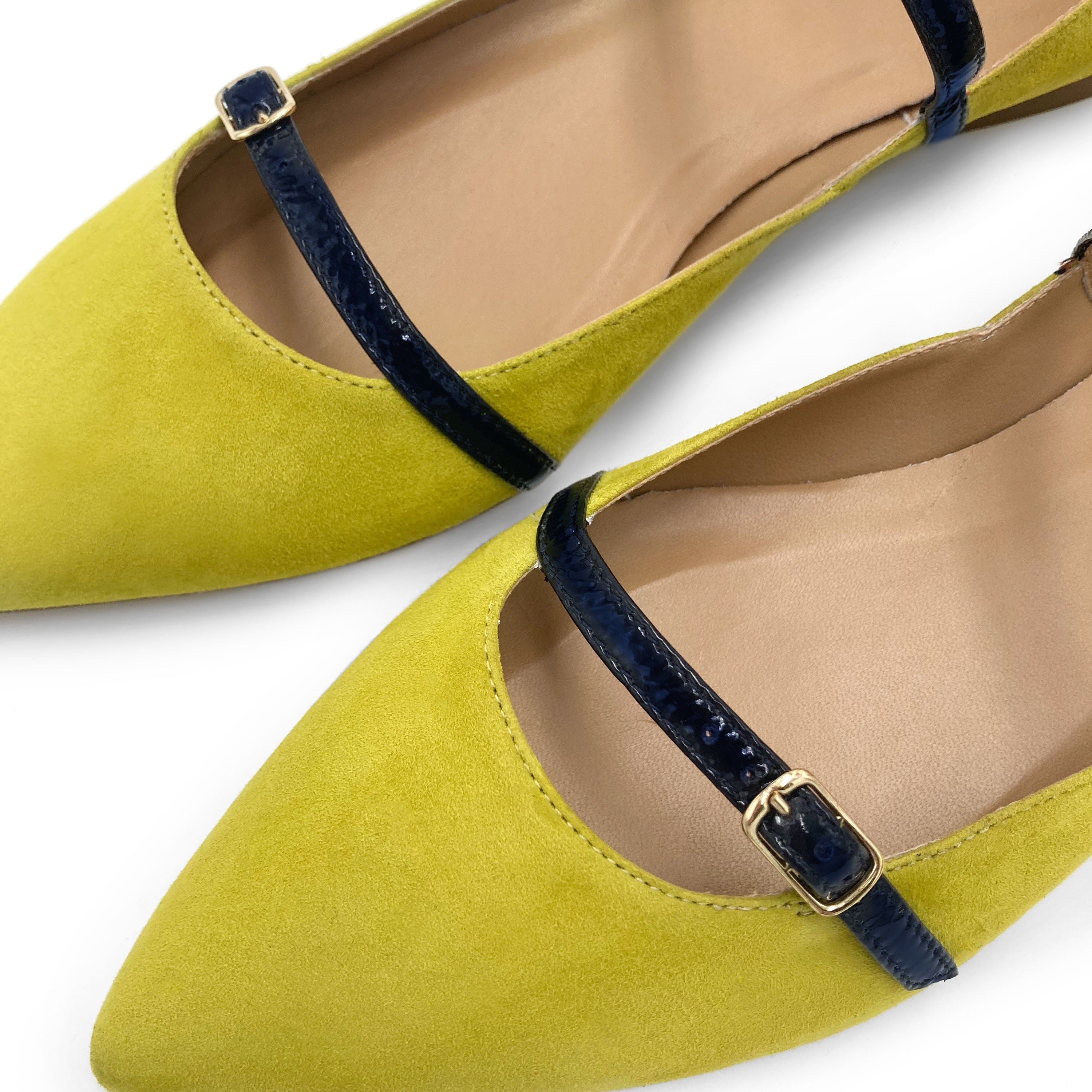 Olive green suede ballet flats with blue straps