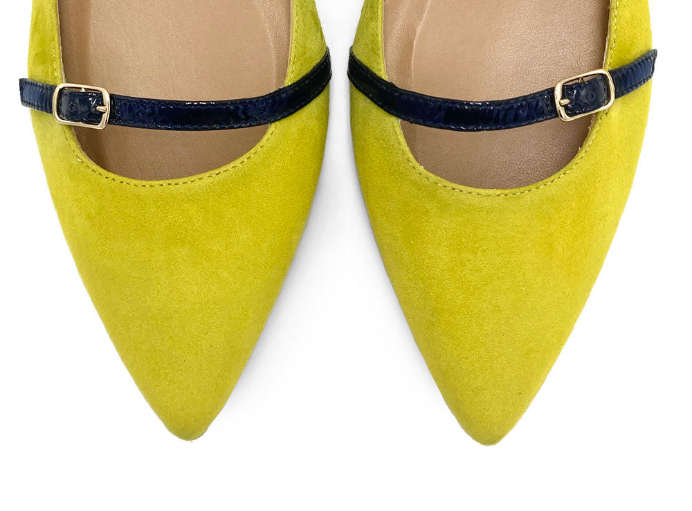 Olive green suede ballet flats with blue straps