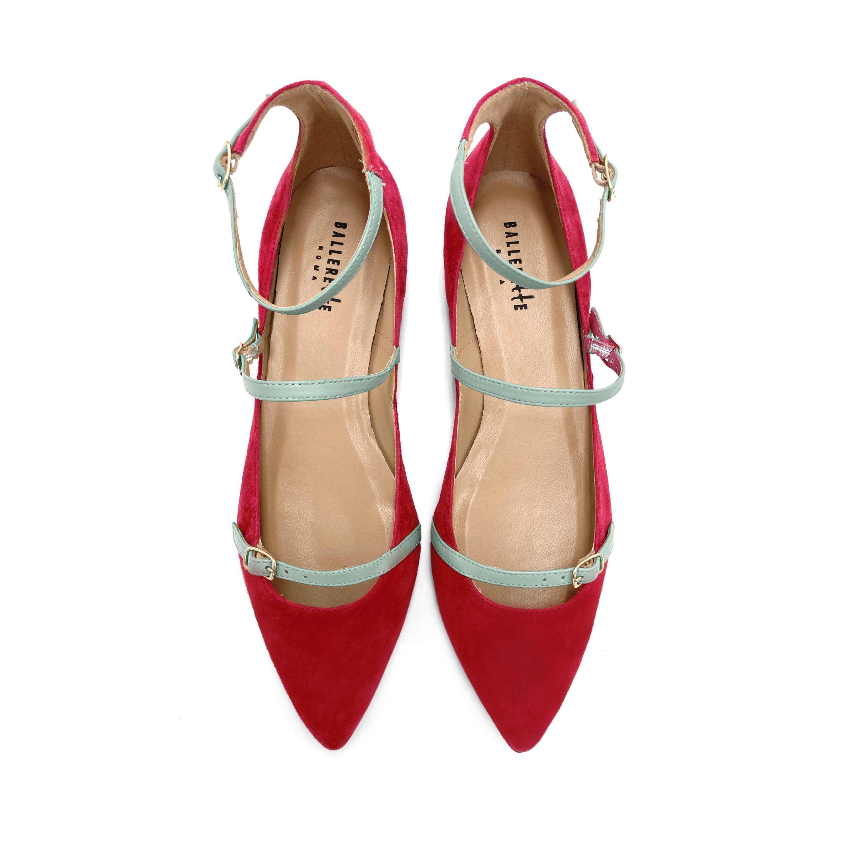 Red suede ballet flats with turquoise straps