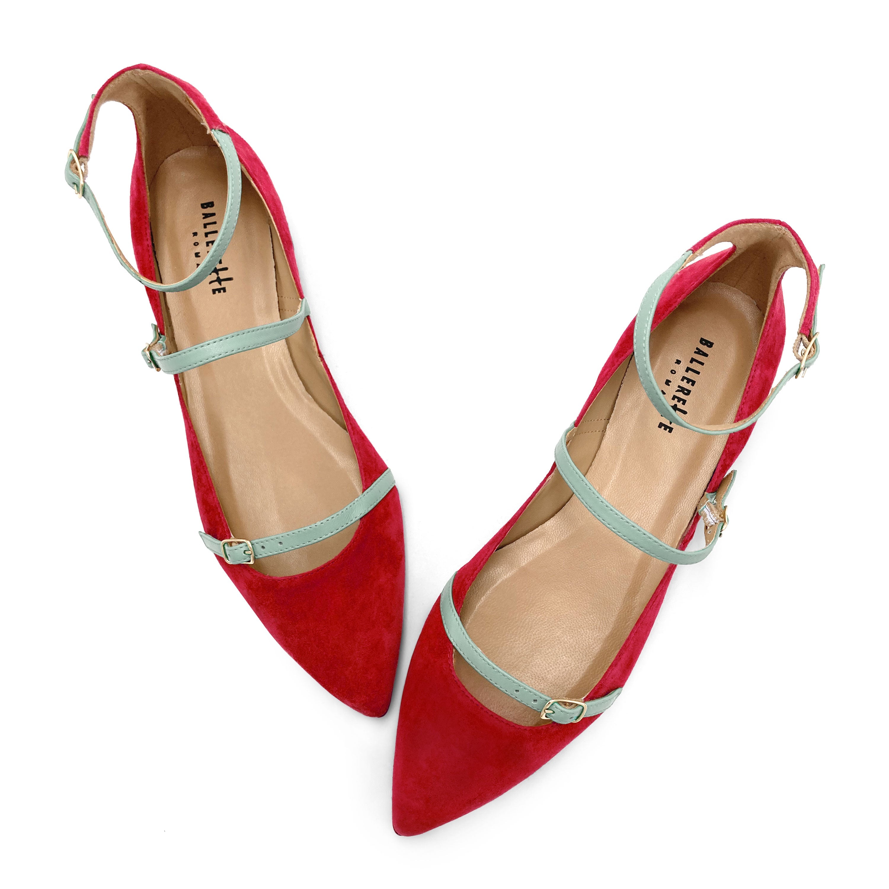 Red suede ballet flats with turquoise straps