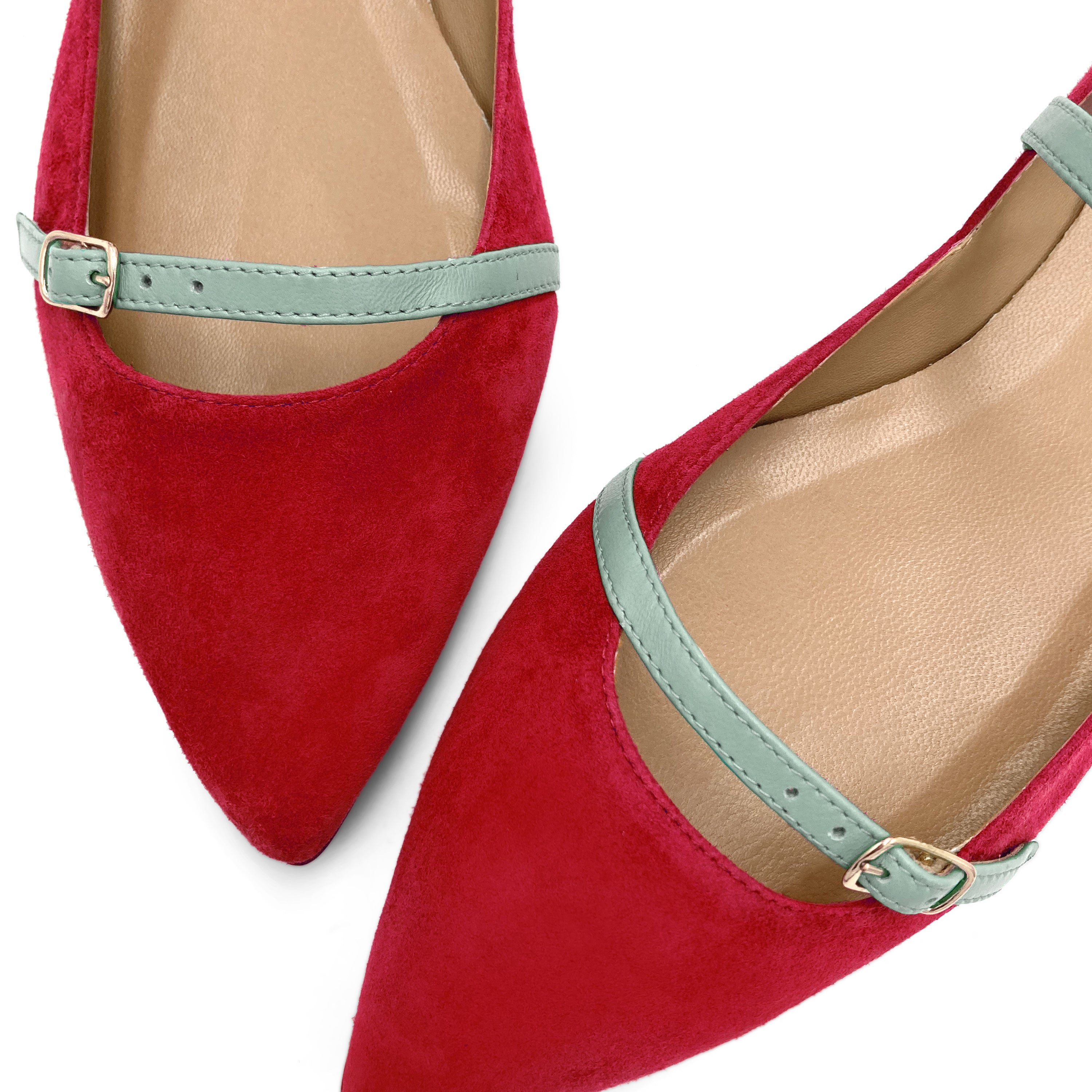 Red suede ballet flats with turquoise straps