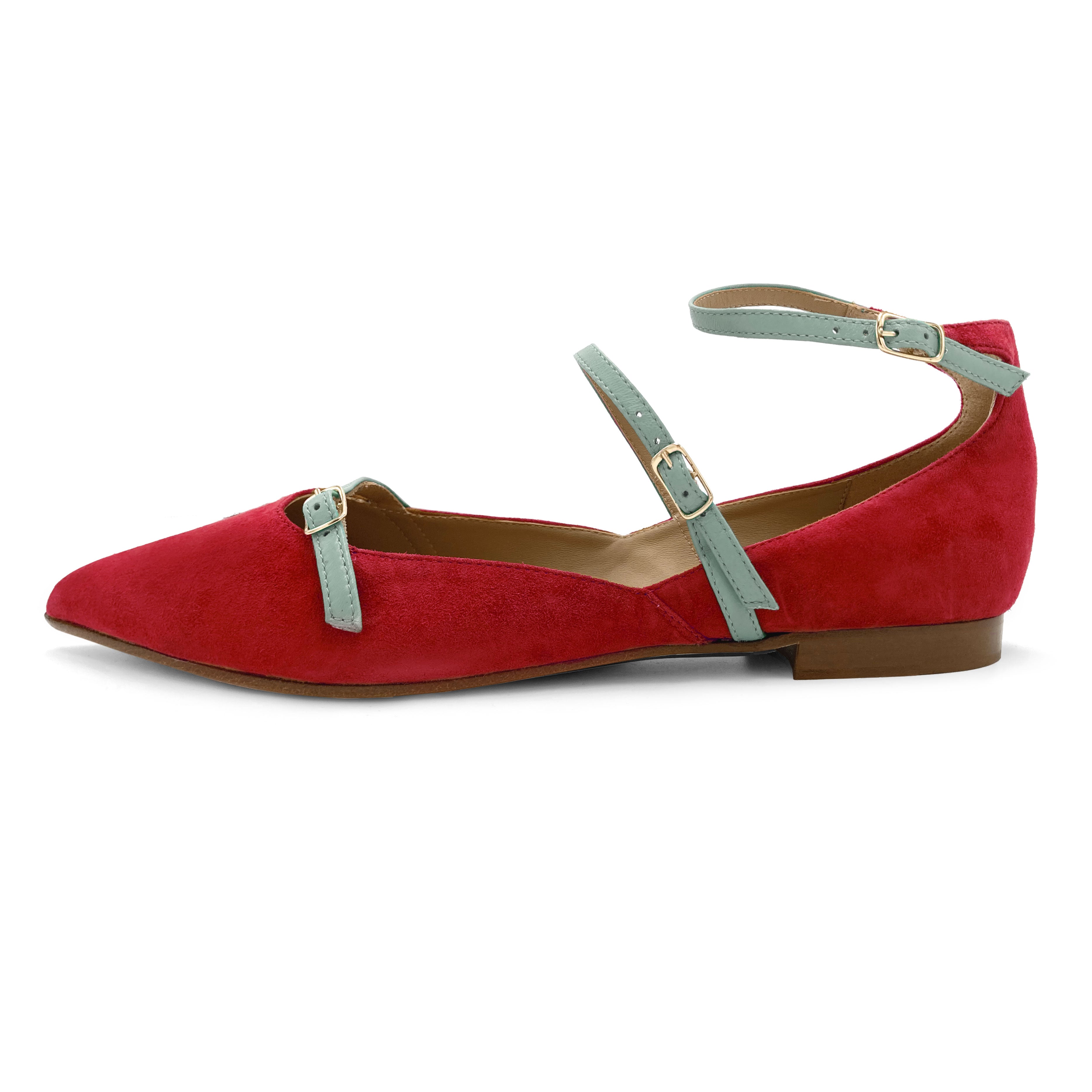 Red suede ballet flats with turquoise straps