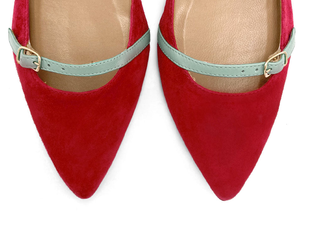 Red suede ballet flats with turquoise straps