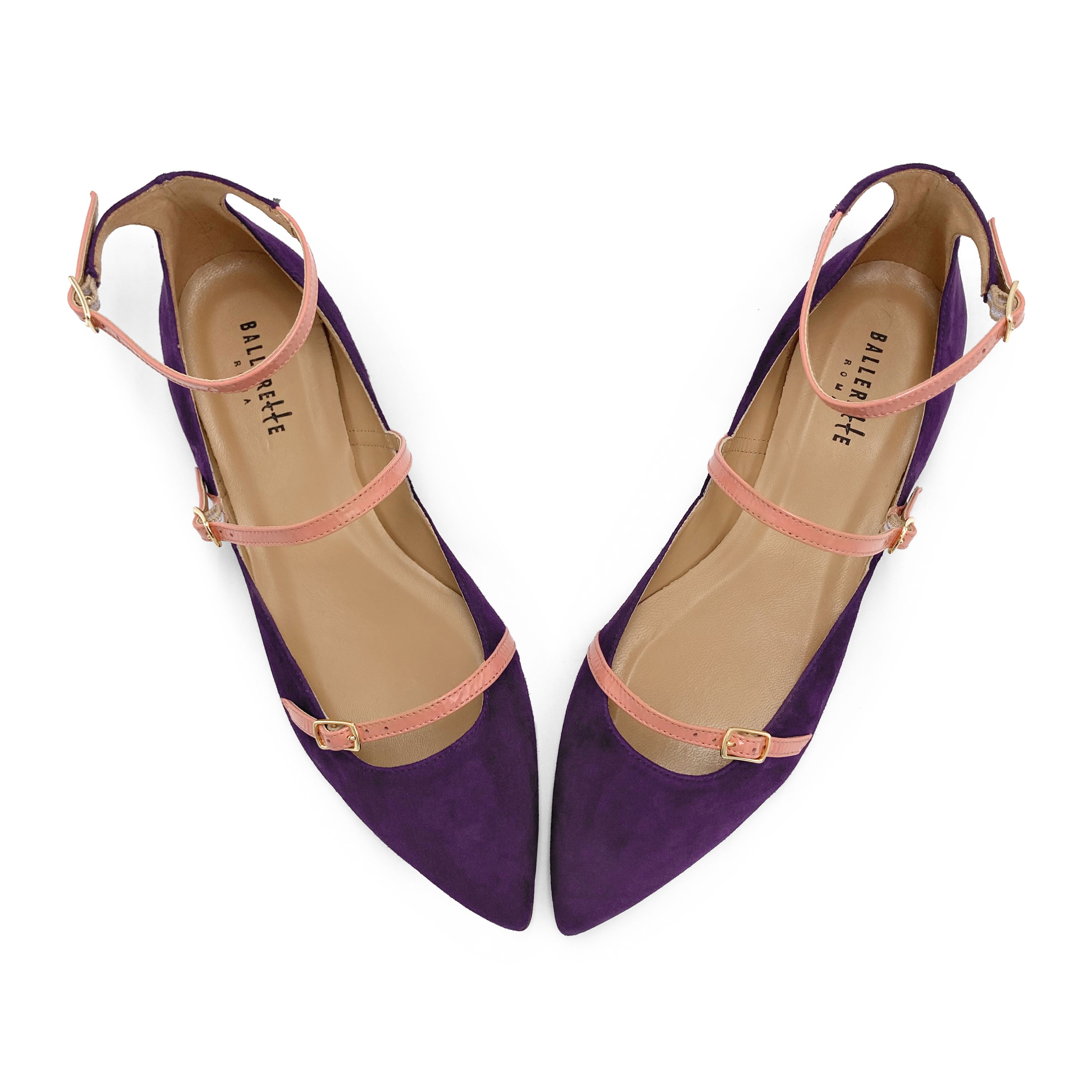 Purple suede pointed ballet flats with pink straps
