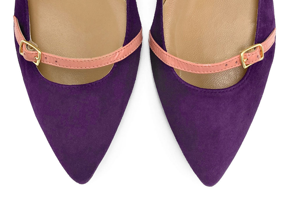 Purple suede pointed ballet flats with pink straps