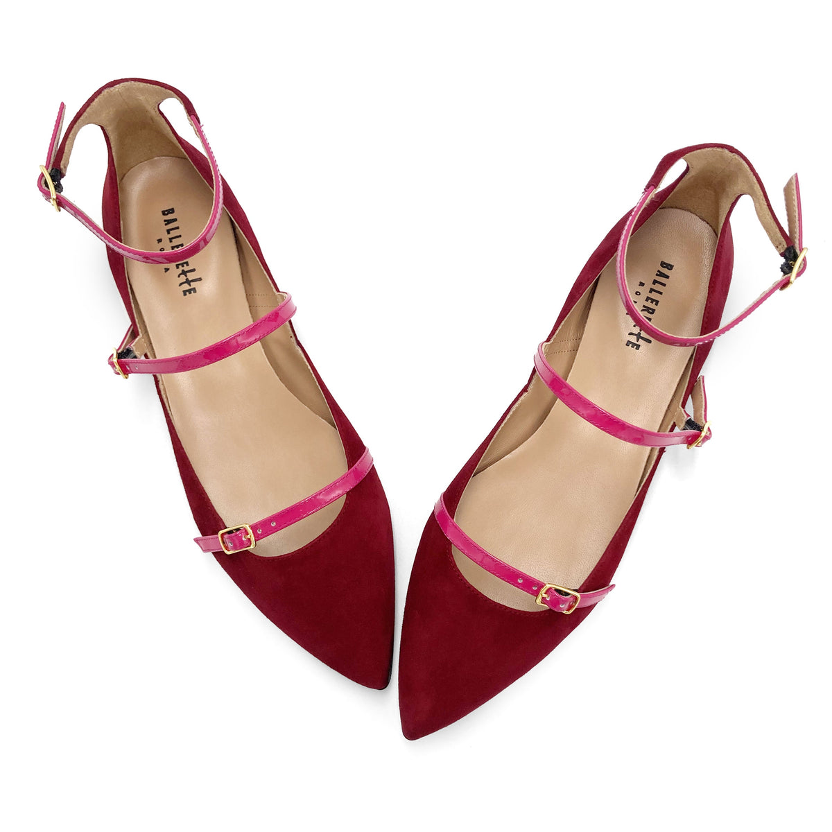 Bordeaux suede pointed-toe ballet flats with fuchsia straps