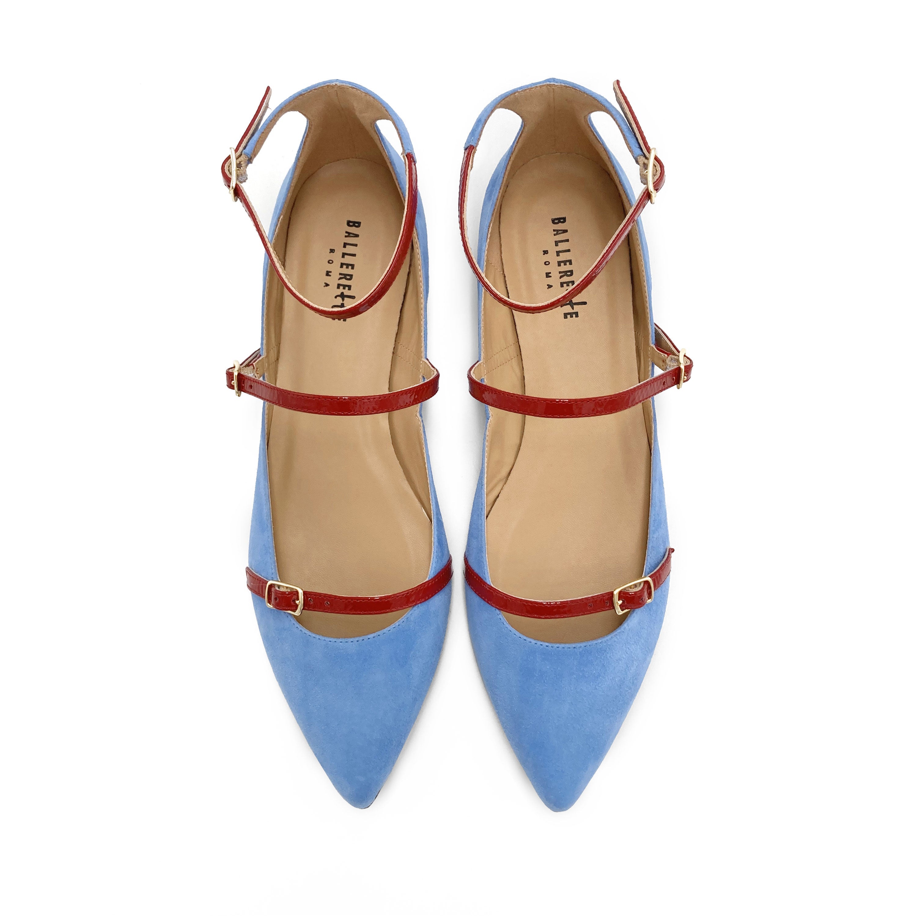 Denim blue suede pointed ballet flats with red straps