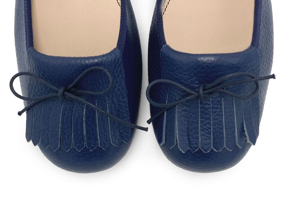 Blue leather moccasins with fringe