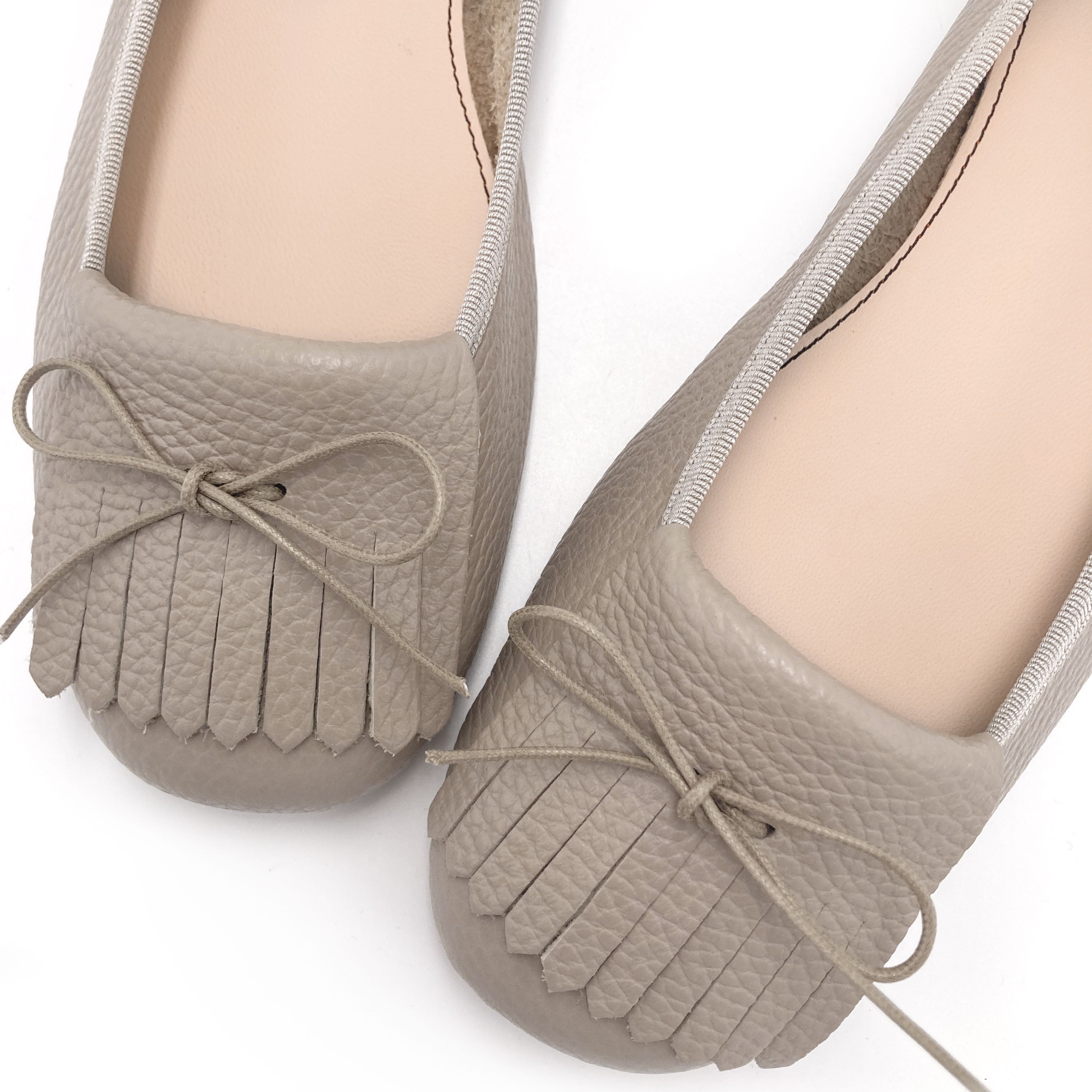 Dove Grey Leather Moccasins with Fringes