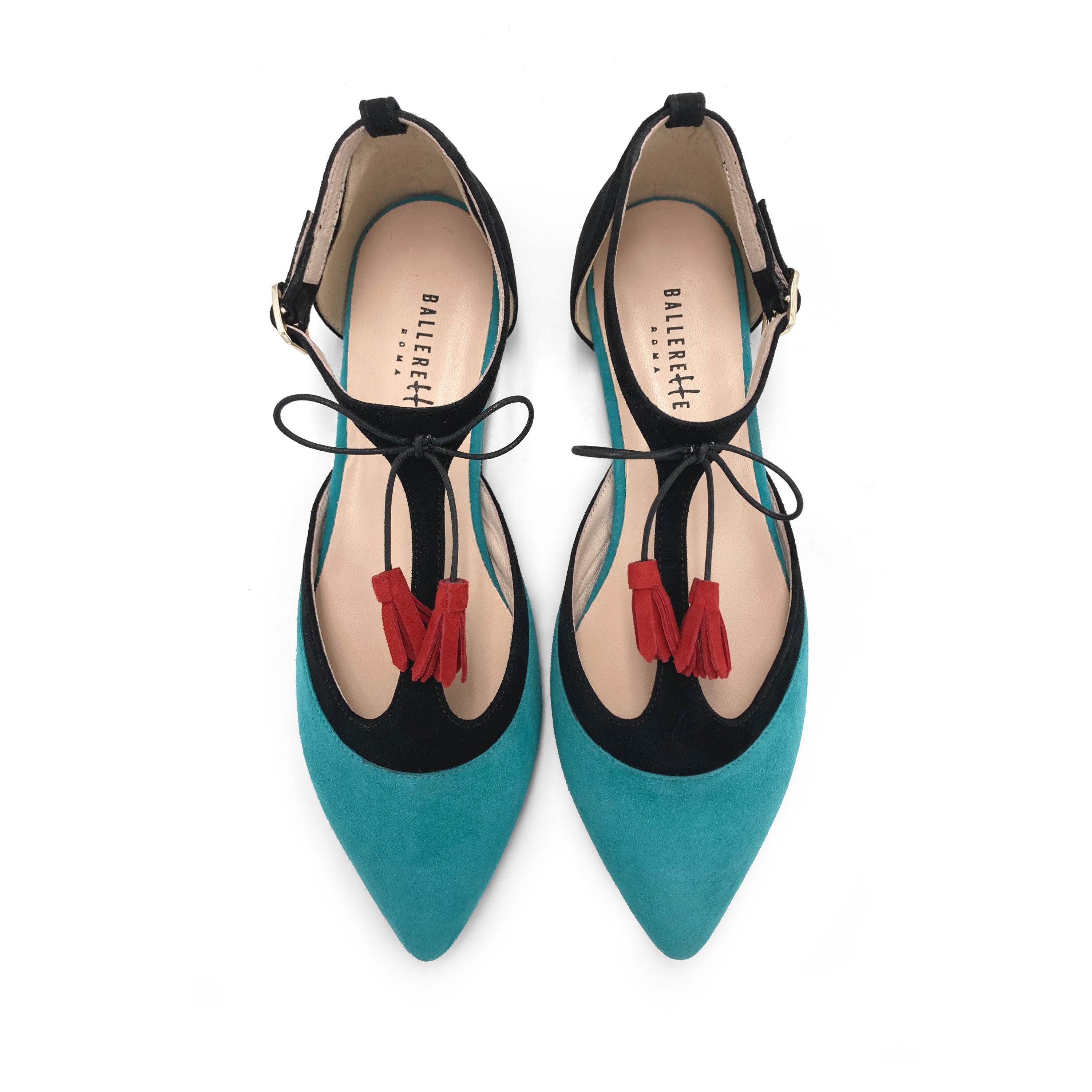 T-bar ballet flats in aqua and black suede