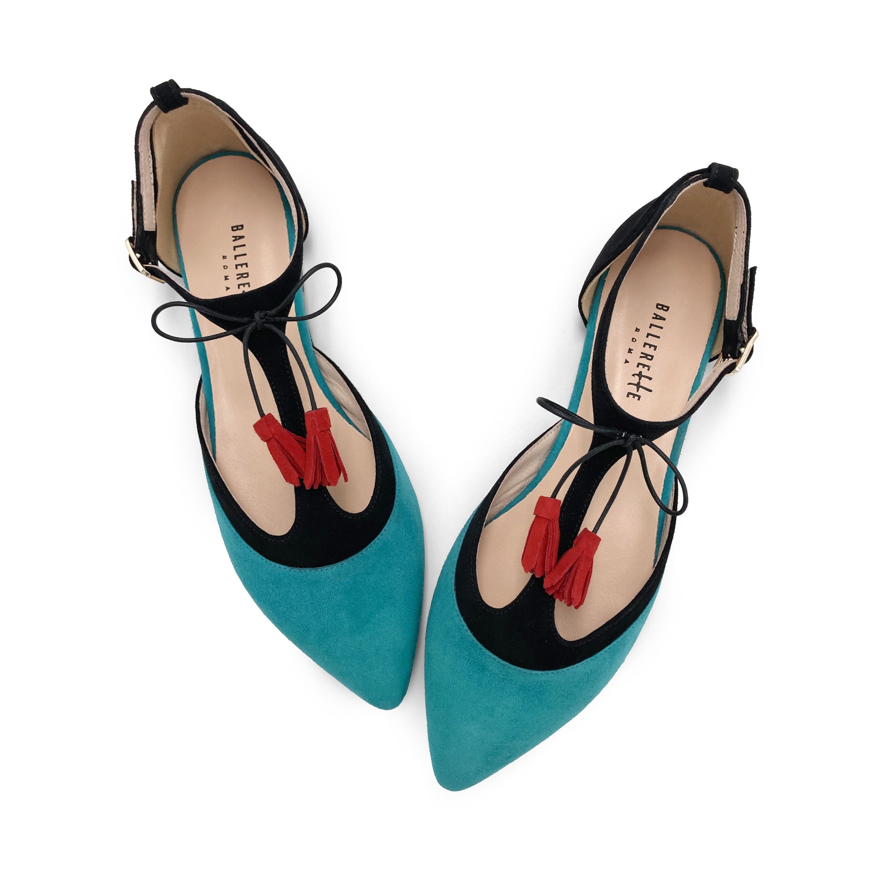 T-bar ballet flats in aqua and black suede