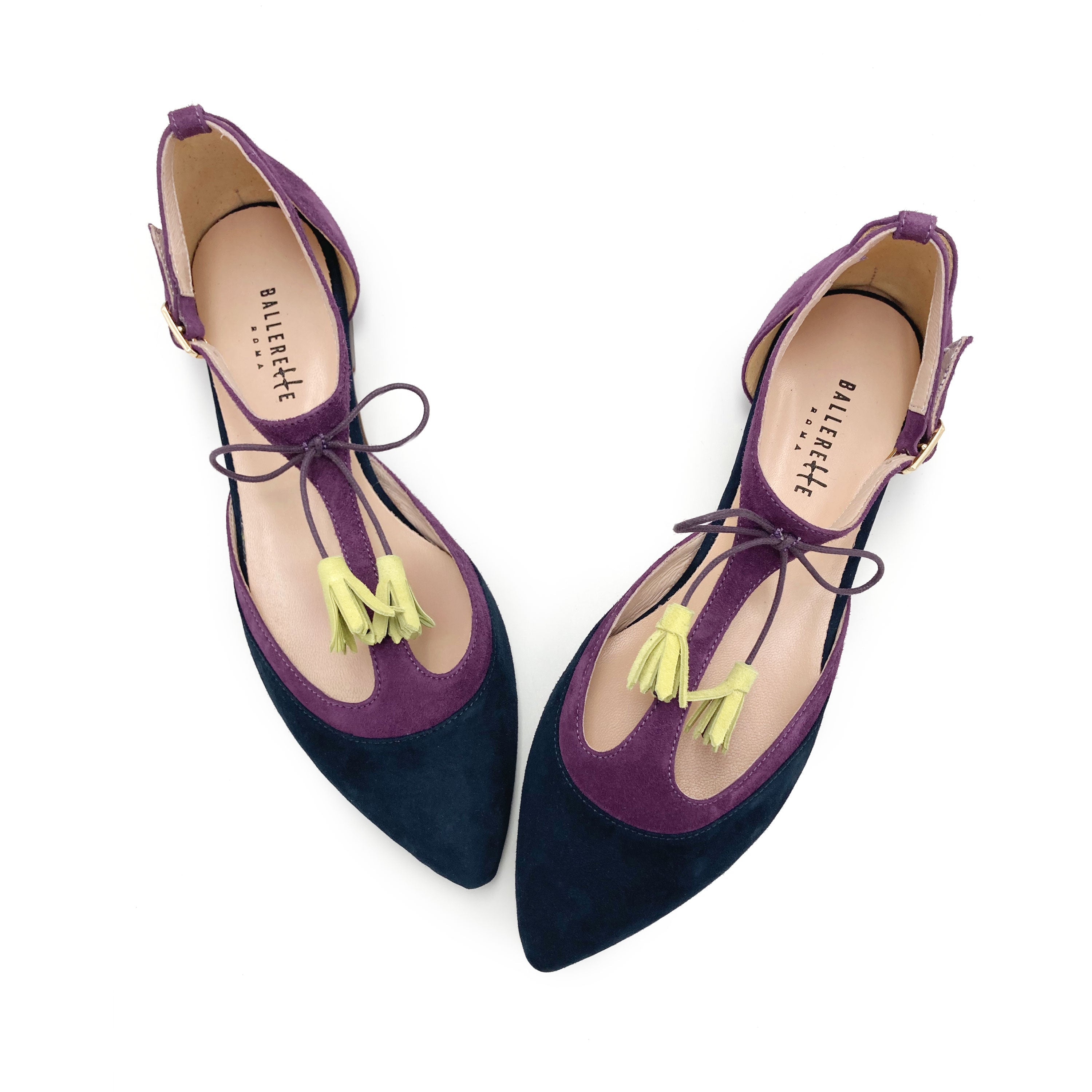 T-bar ballet flats in blue and purple suede