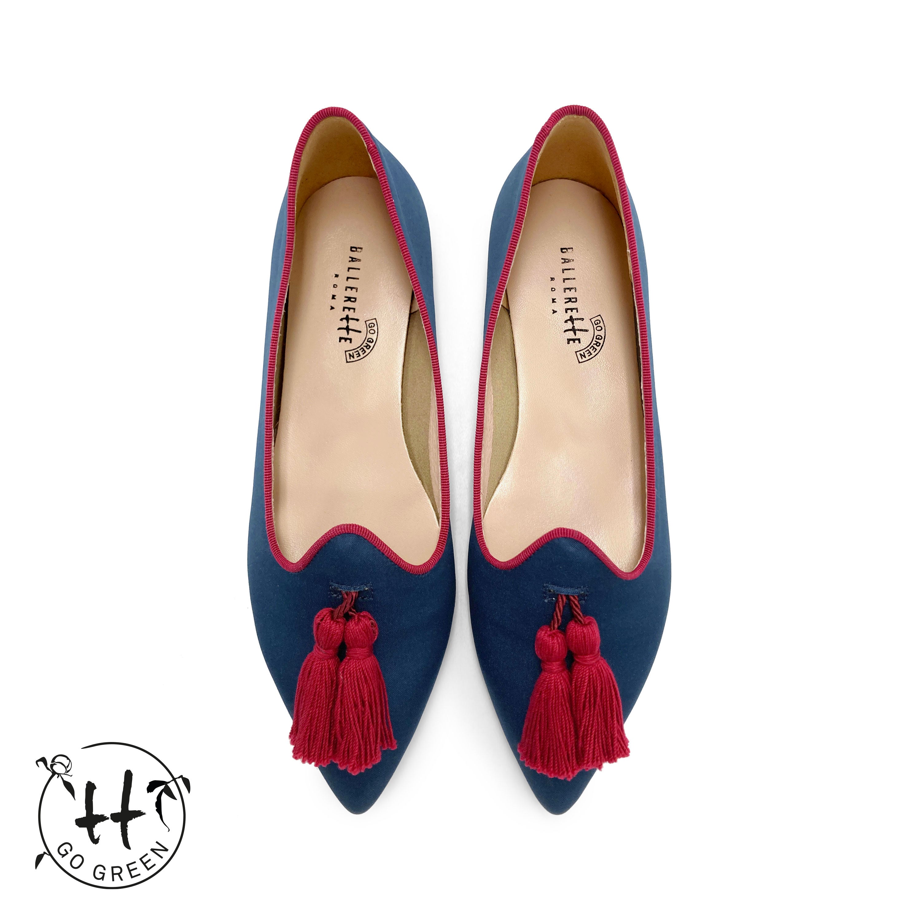 TT Go Green collection - women's blue eco-friendly satin moccasins with burgundy tassels