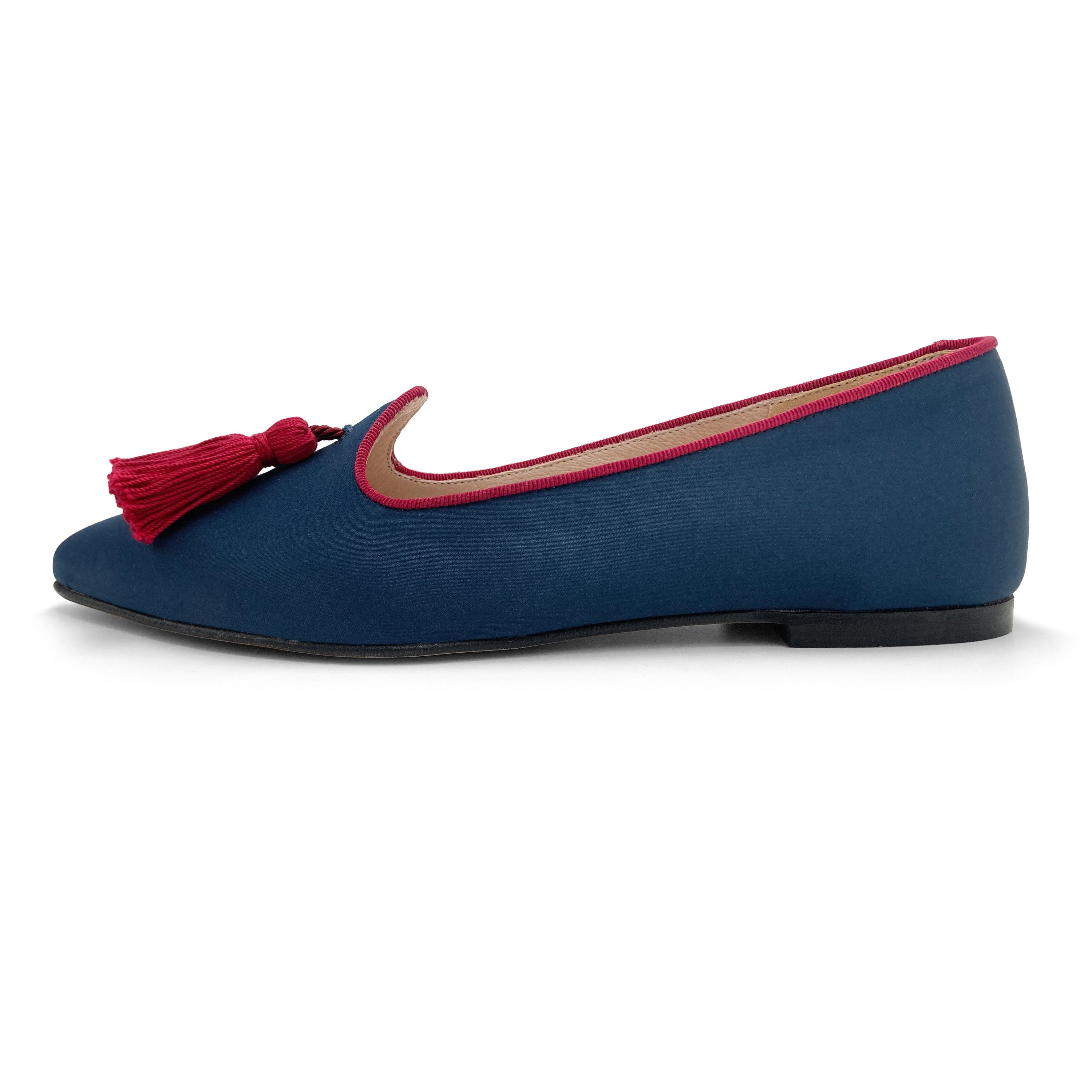 TT Go Green collection - women's blue eco-friendly satin moccasins with burgundy tassels