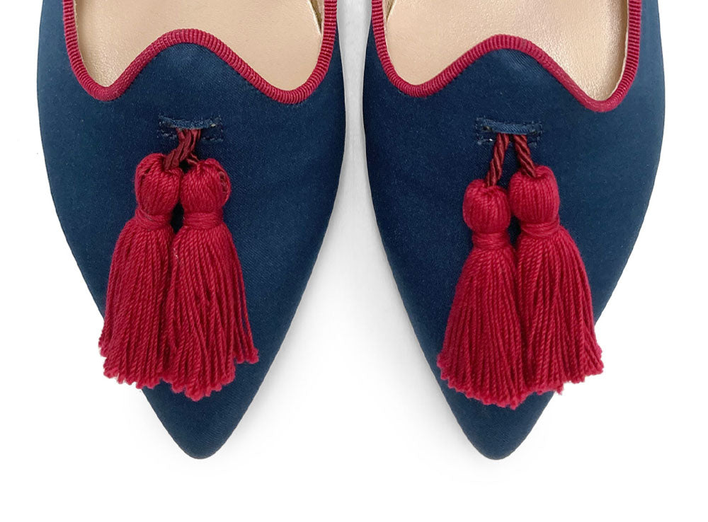 TT Go Green collection - women's blue eco-friendly satin moccasins with burgundy tassels