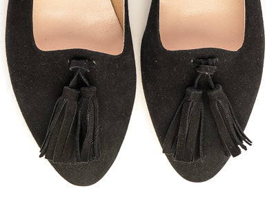 Black suede moccasins with tassels