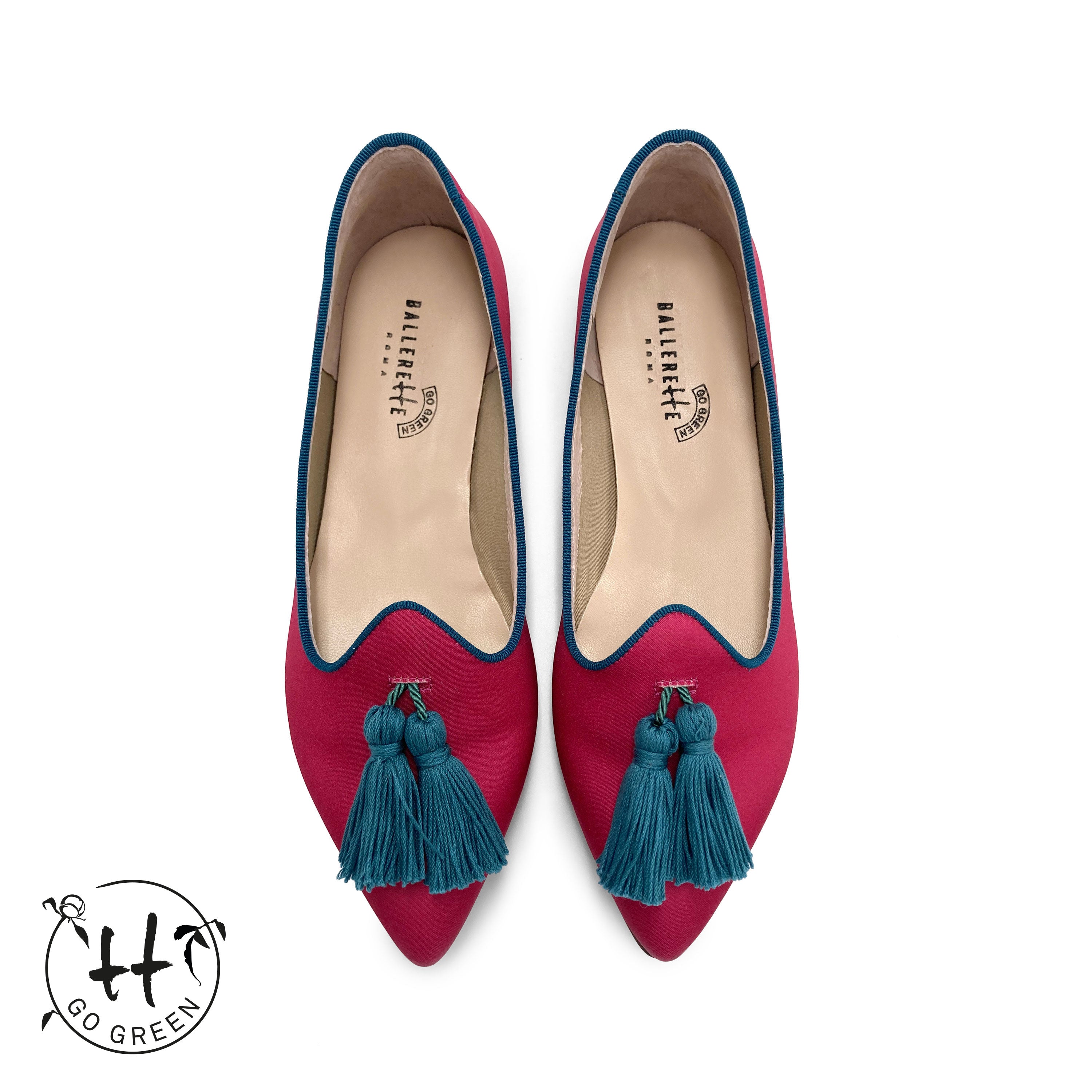 TT Go Green Collection - women’s fuchsia eco-friendly satin moccasins with petrol blue tassels