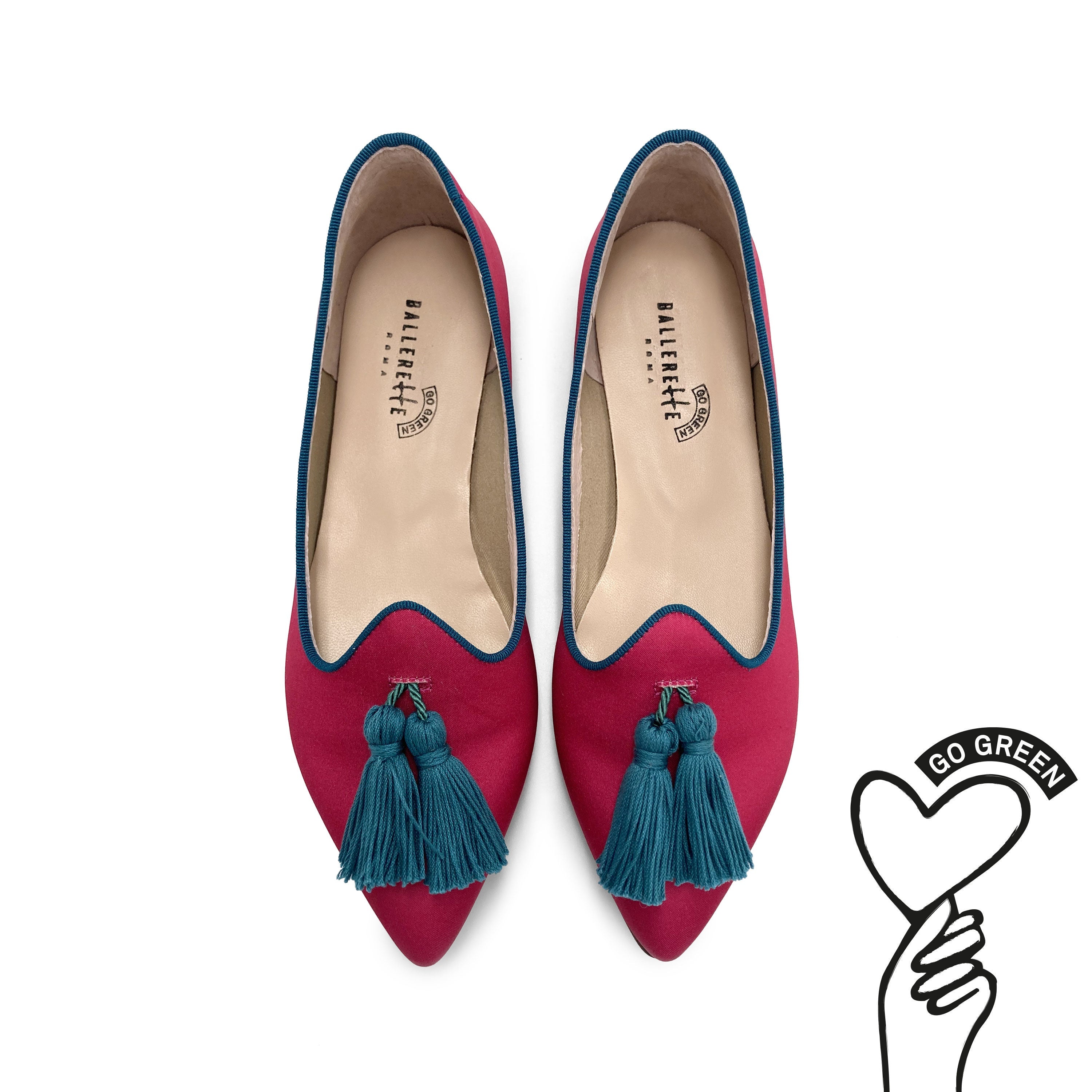 TT Go Green Collection - women’s fuchsia eco-friendly satin moccasins with petrol blue tassels