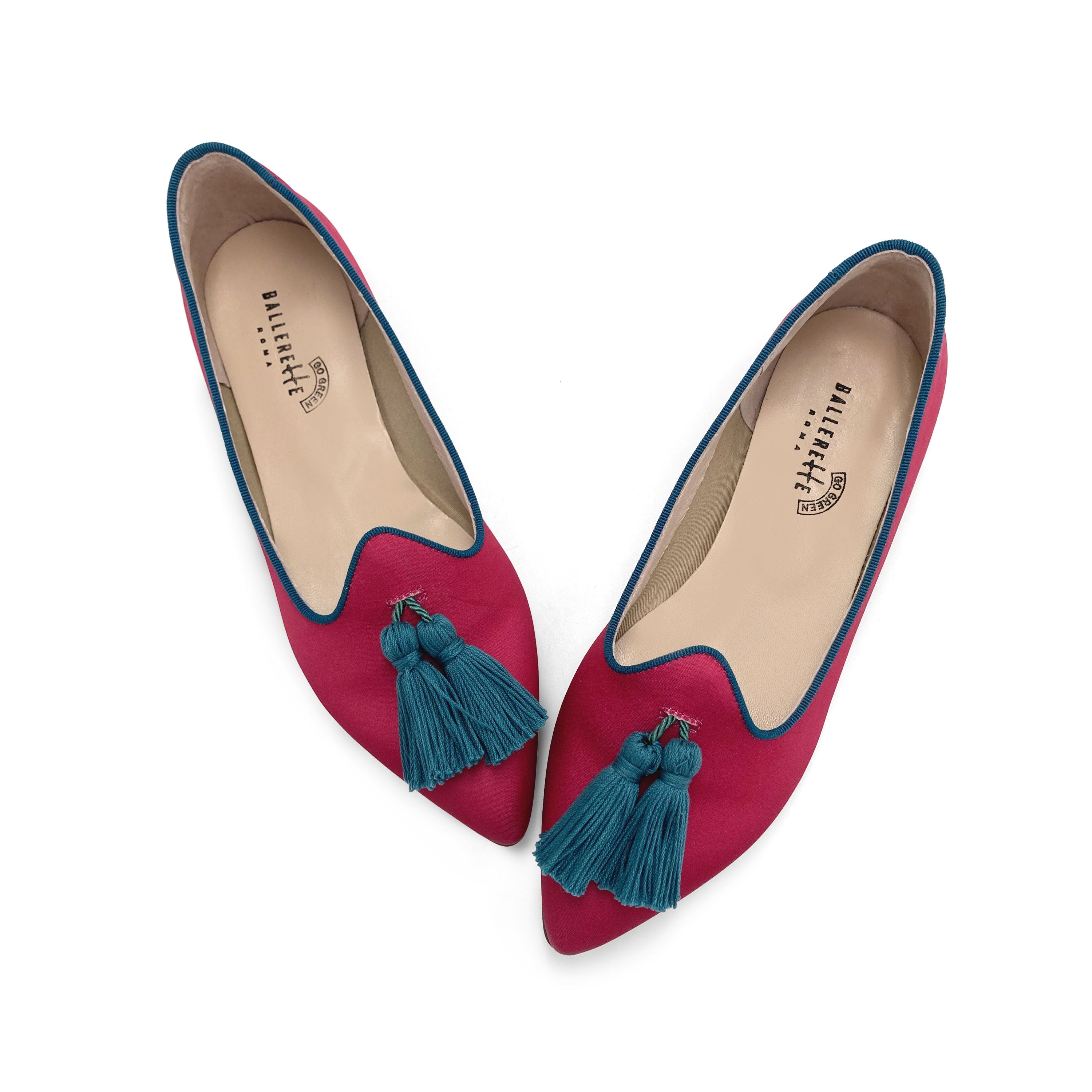 TT Go Green Collection - women’s fuchsia eco-friendly satin moccasins with petrol blue tassels