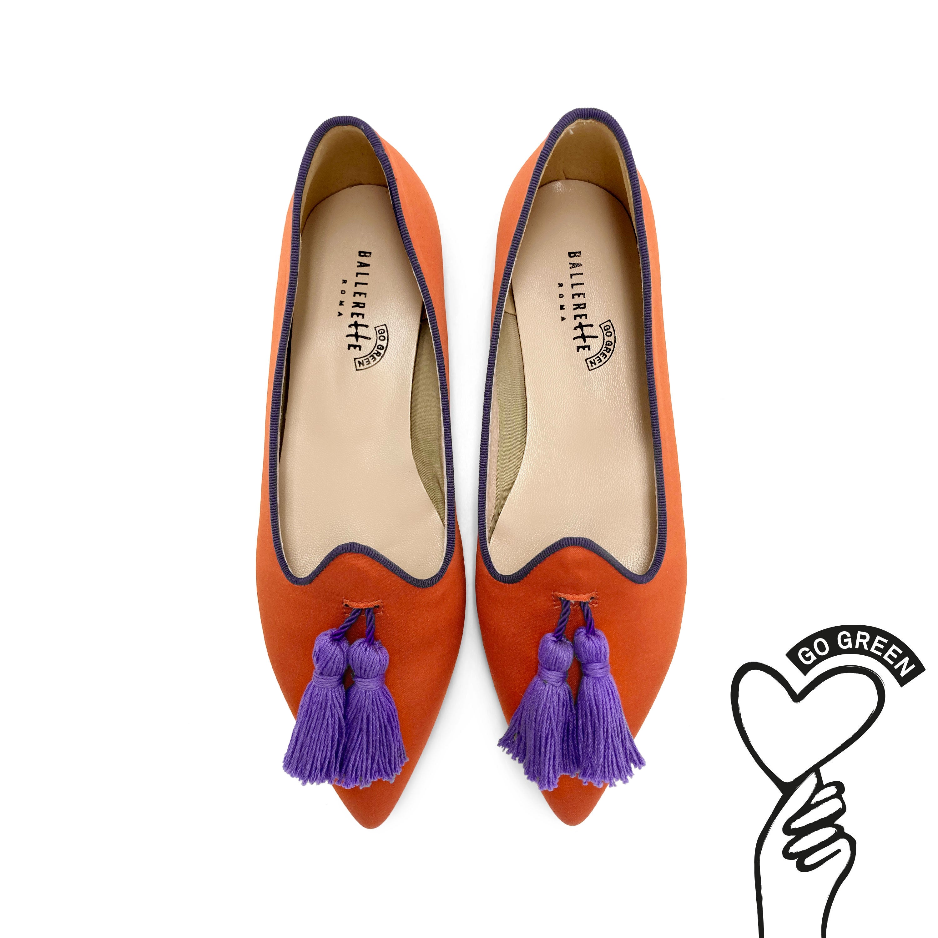 TT Go Green collection - women's orange eco-friendly satin moccasins with purple tassels
