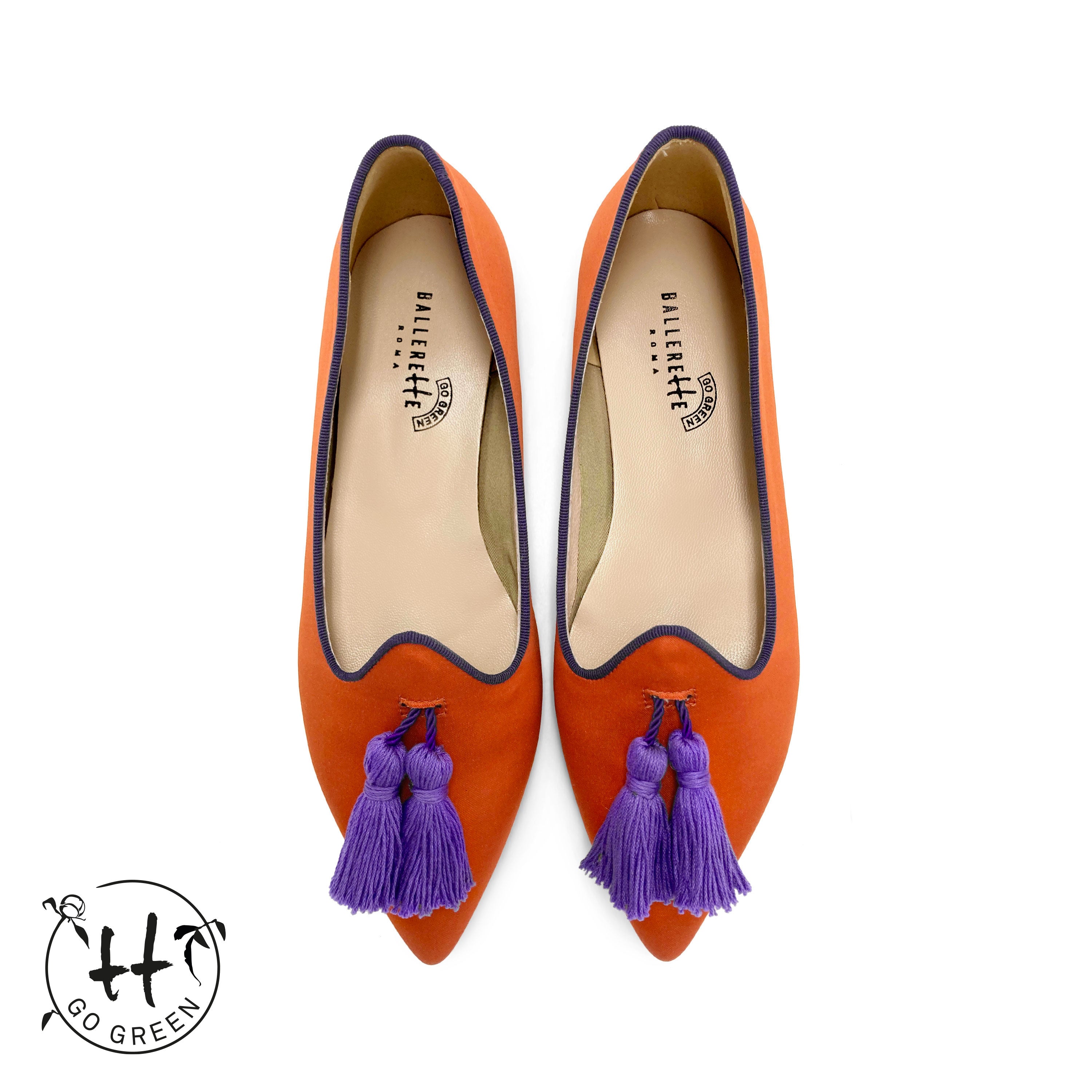TT Go Green collection - women's orange eco-friendly satin moccasins with purple tassels