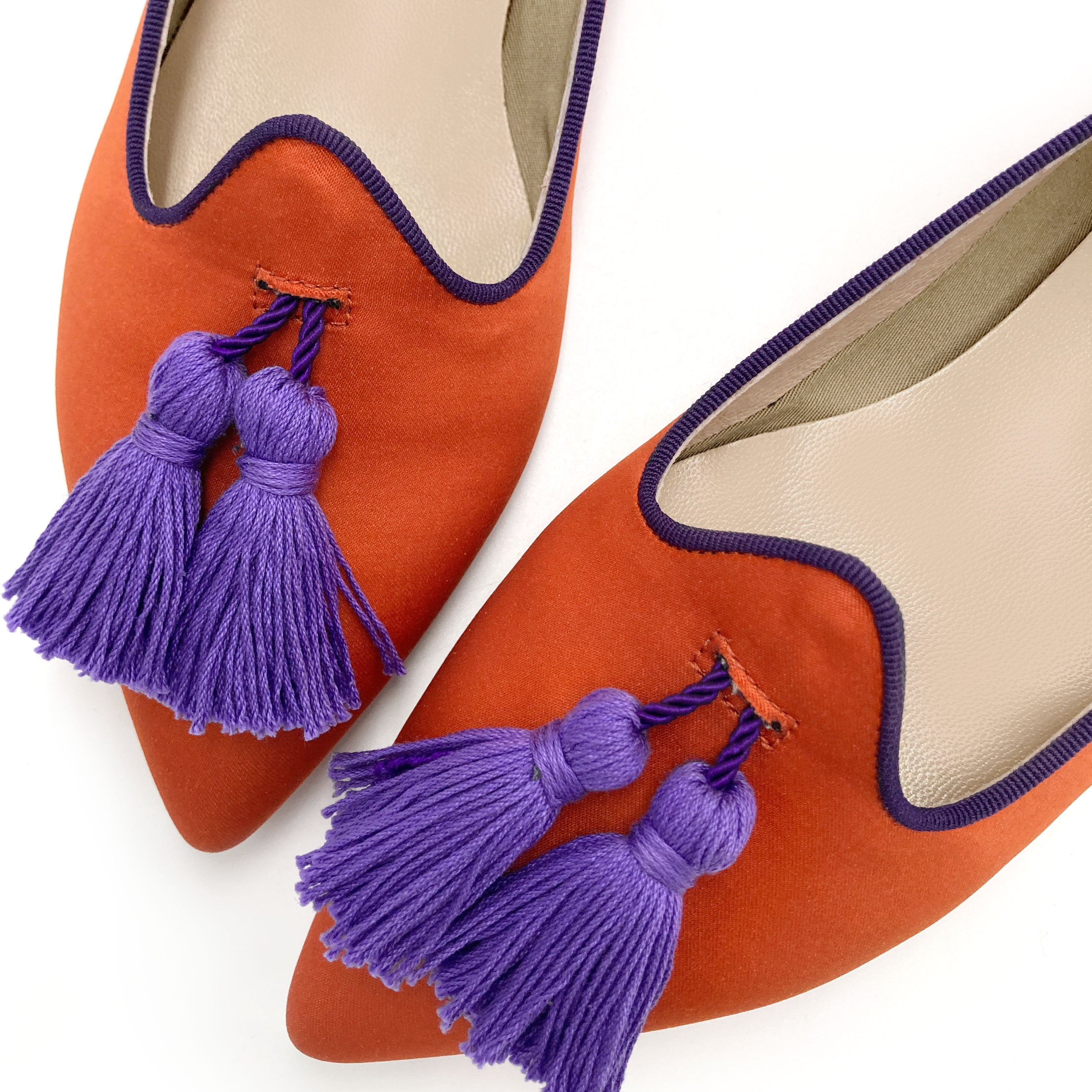 TT Go Green collection - women's orange eco-friendly satin moccasins with purple tassels