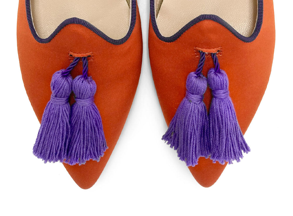 TT Go Green collection - women's orange eco-friendly satin moccasins with purple tassels