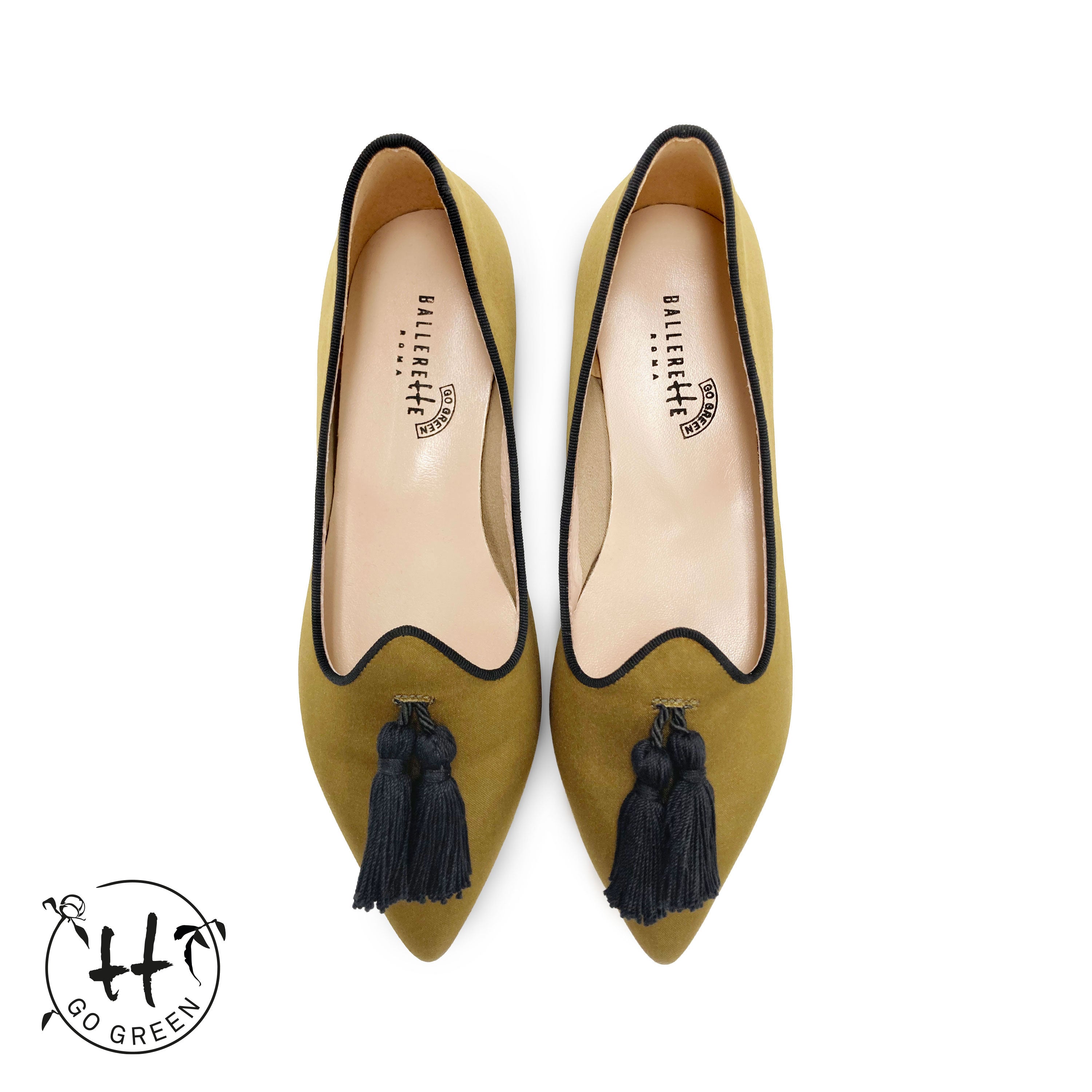 TT Go Green collection - women's mustard-colored eco-friendly satin moccasins with black tassels