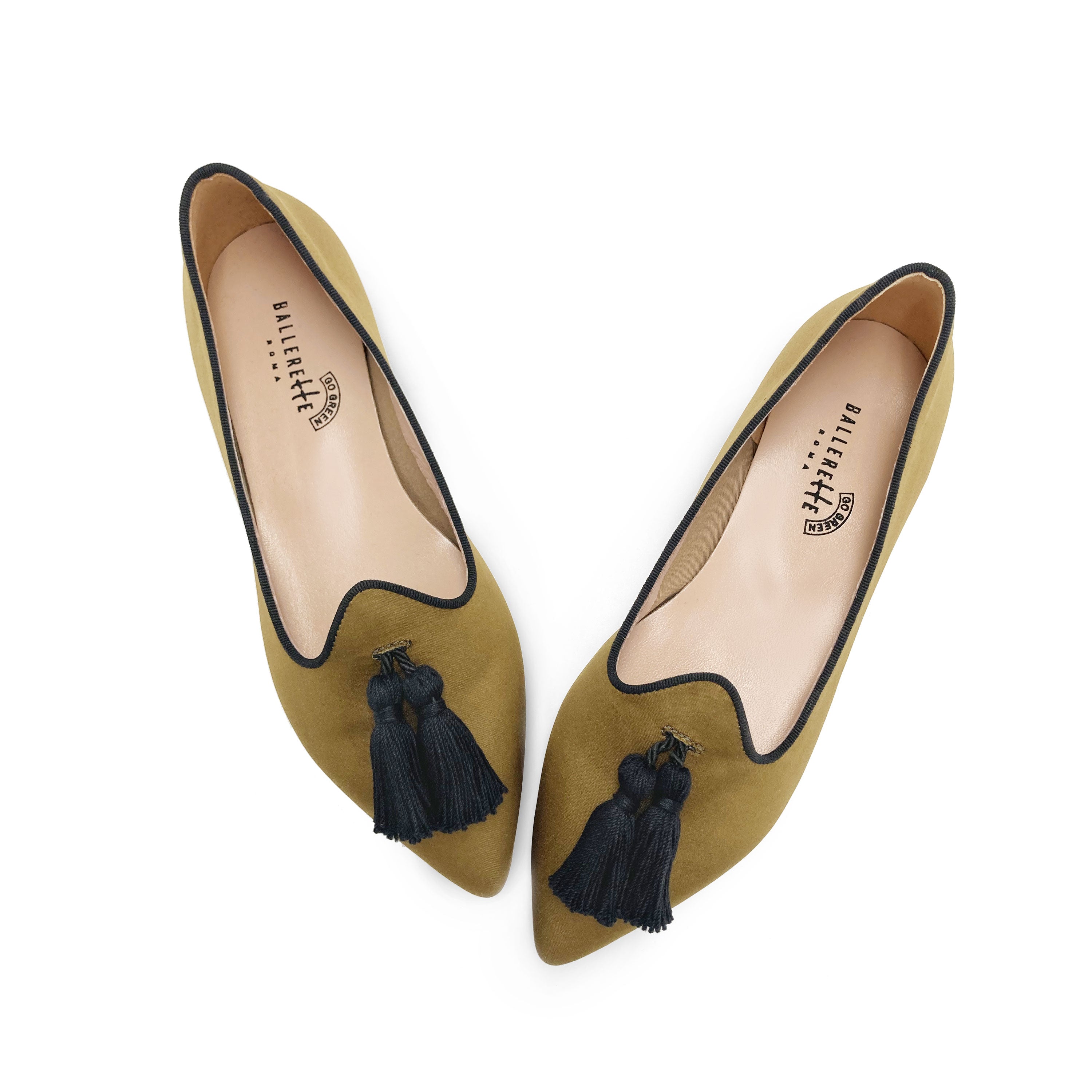 TT Go Green collection - women's mustard-colored eco-friendly satin moccasins with black tassels
