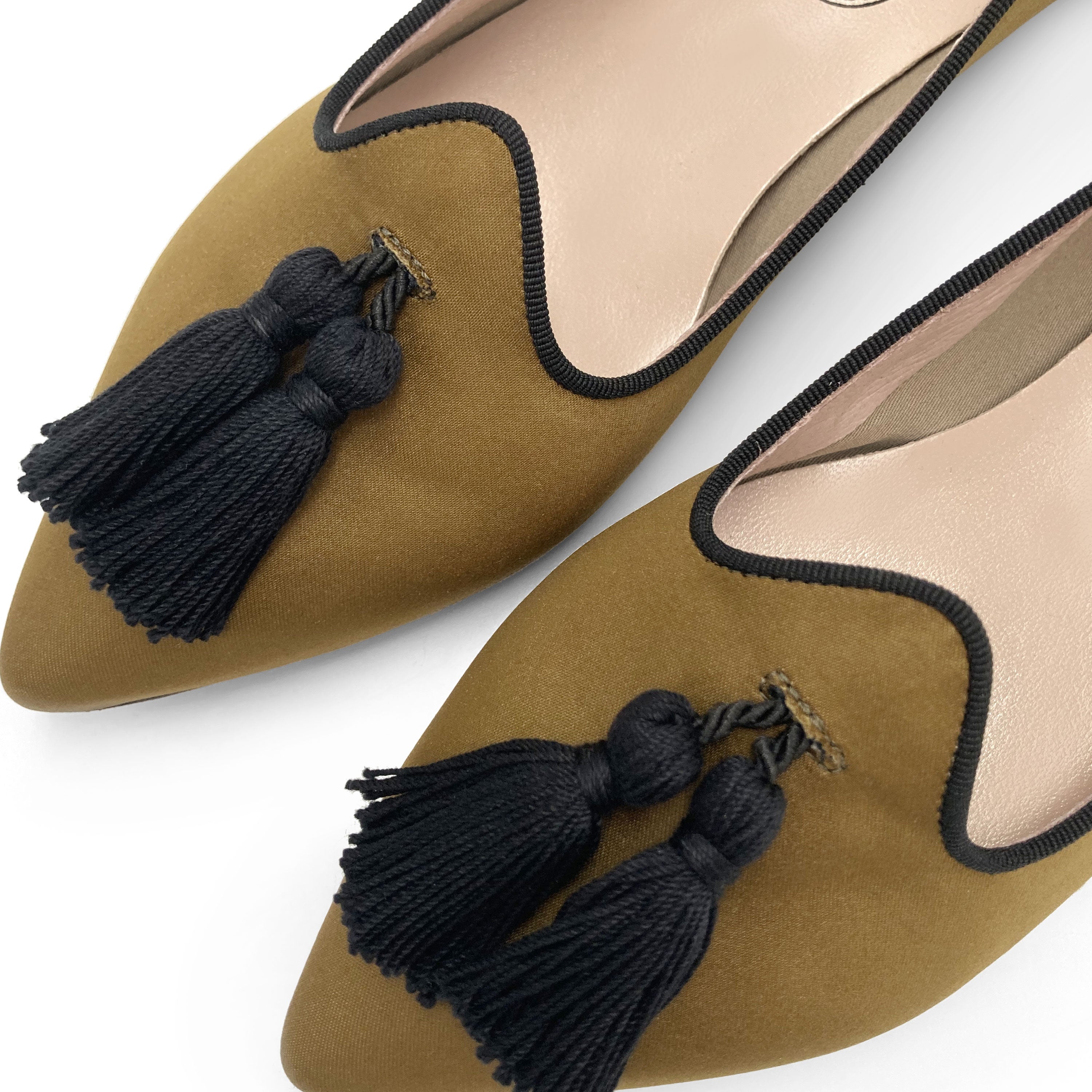 TT Go Green collection - women's mustard-colored eco-friendly satin moccasins with black tassels