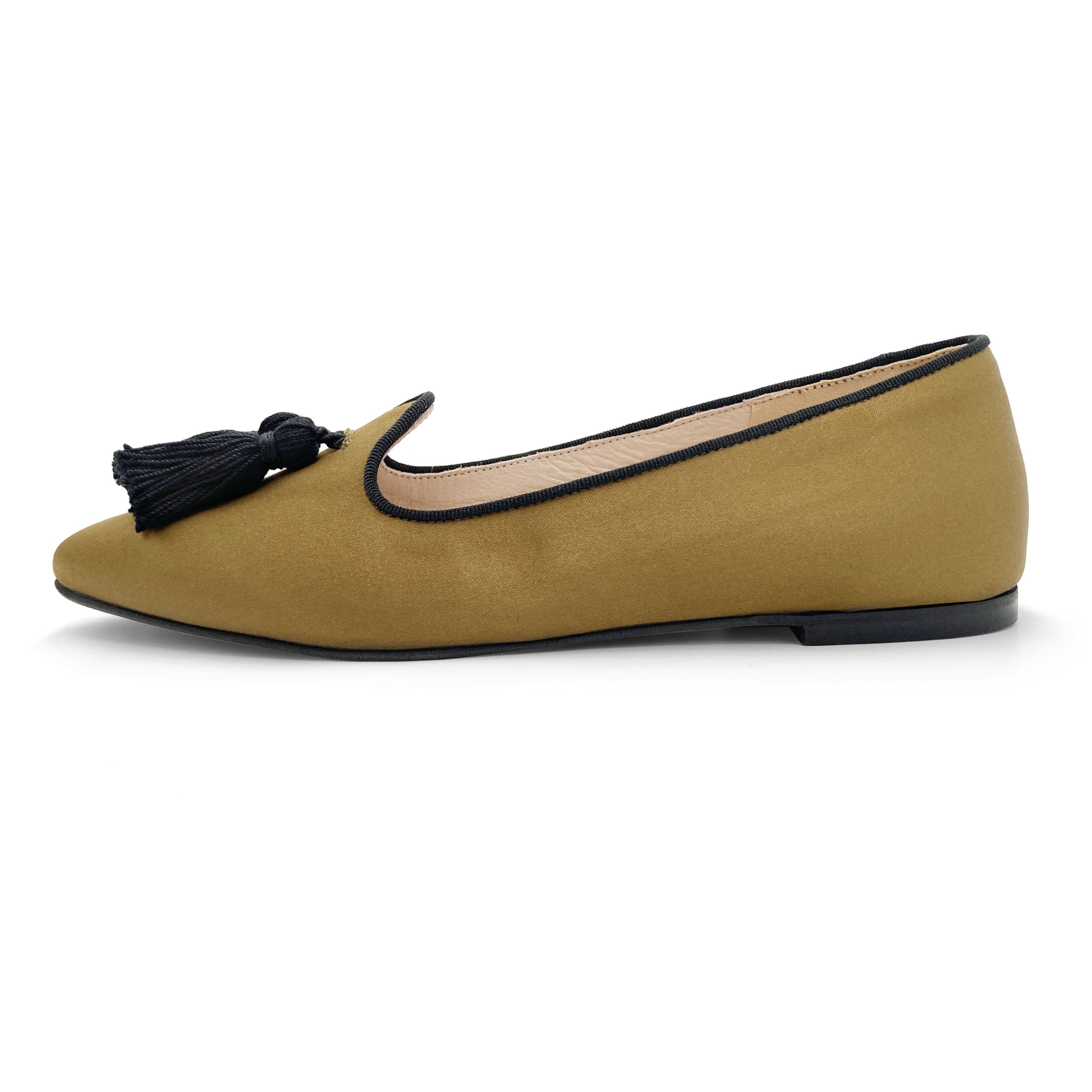 TT Go Green collection - women's mustard-colored eco-friendly satin moccasins with black tassels