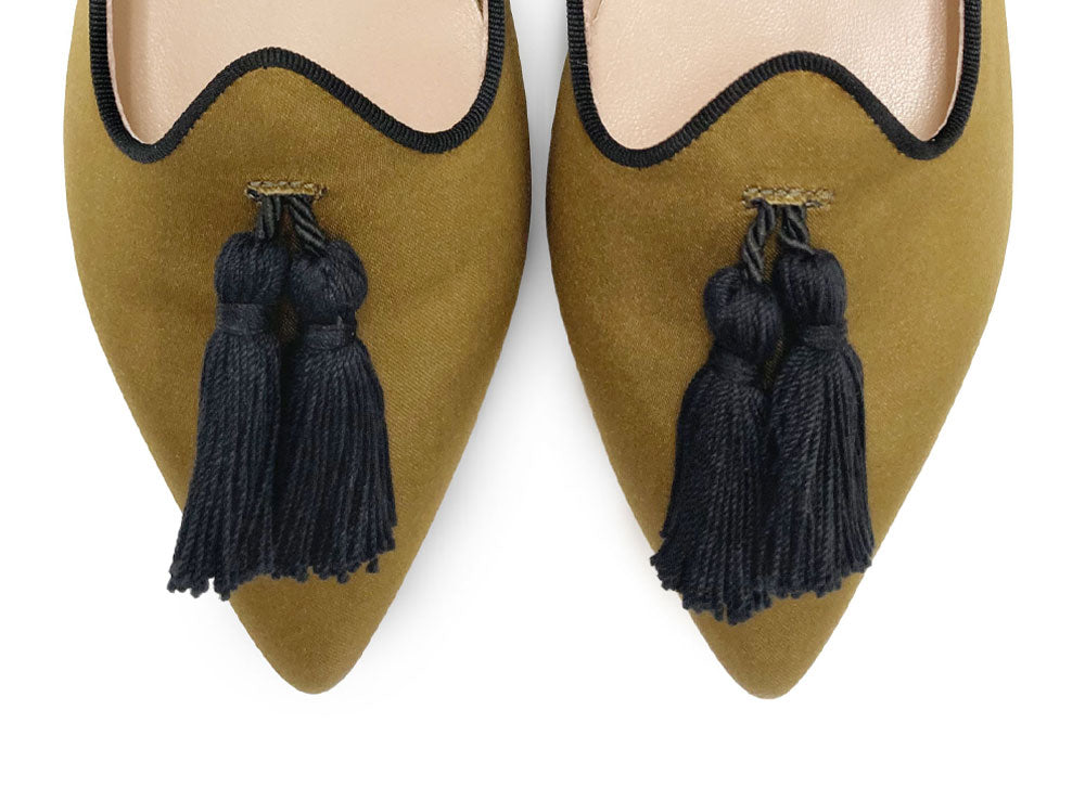 TT Go Green collection - women's mustard-colored eco-friendly satin moccasins with black tassels