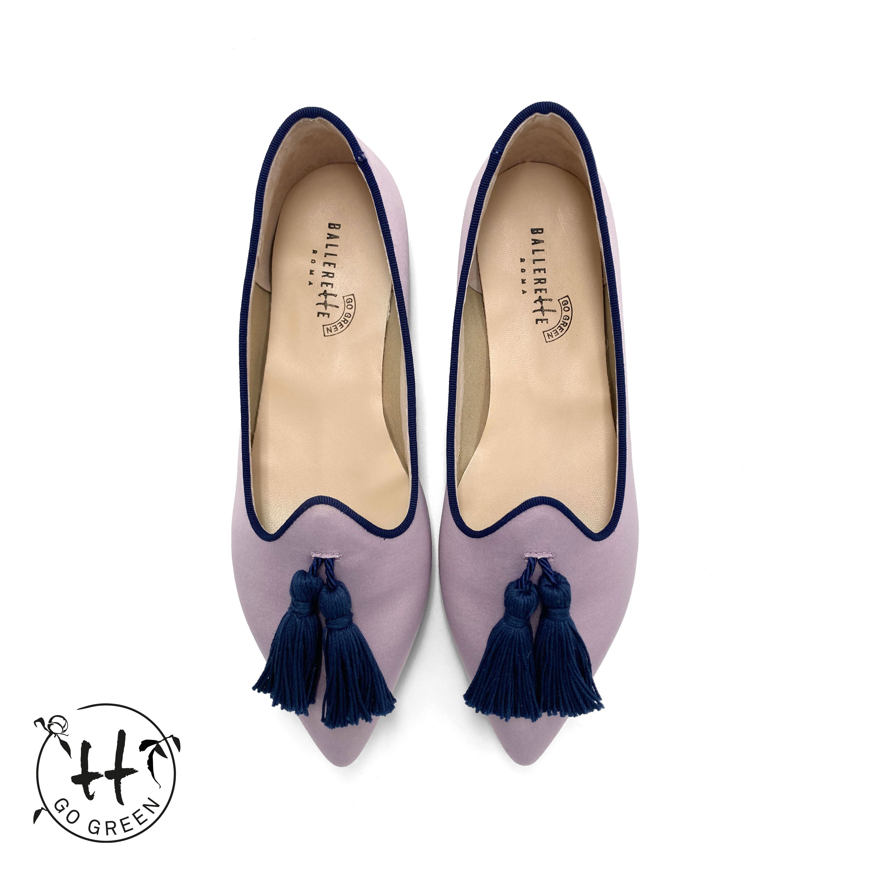 TT Go Green Collection - women’s lilac eco-friendly satin moccasins with blue tassels