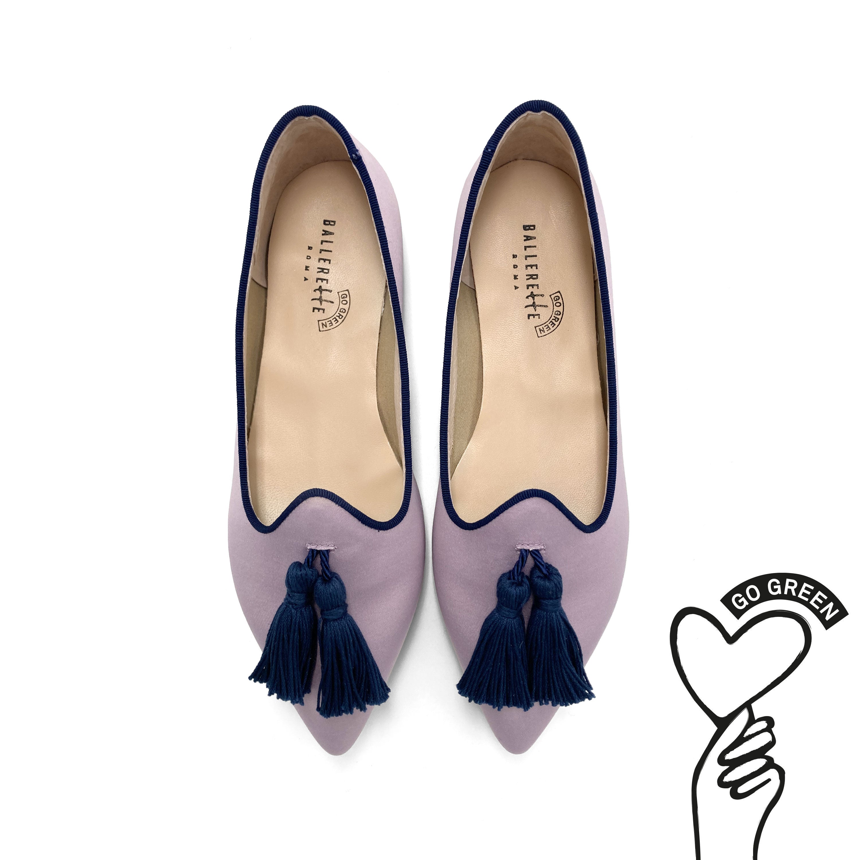TT Go Green Collection - women’s lilac eco-friendly satin moccasins with blue tassels
