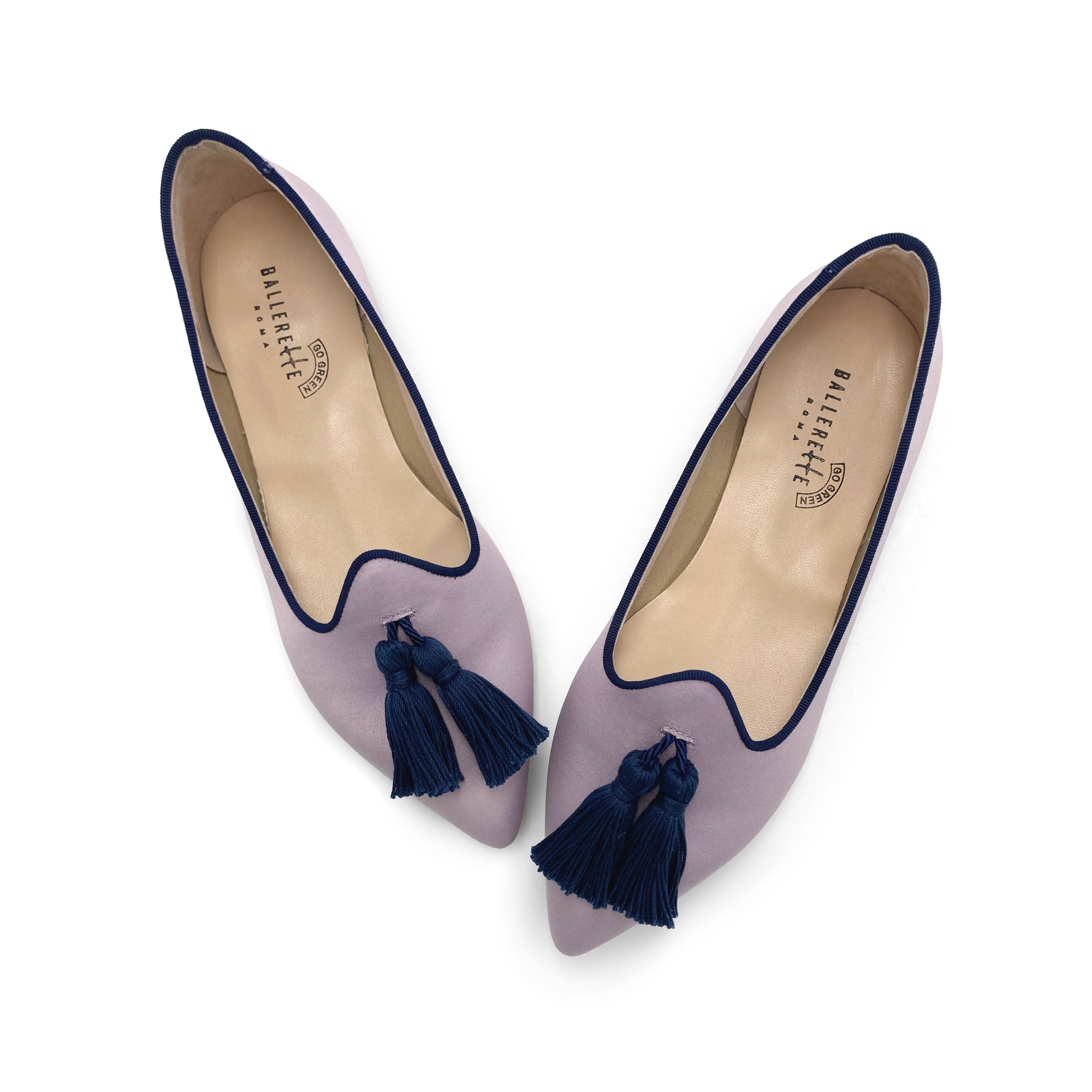 TT Go Green Collection - women’s lilac eco-friendly satin moccasins with blue tassels