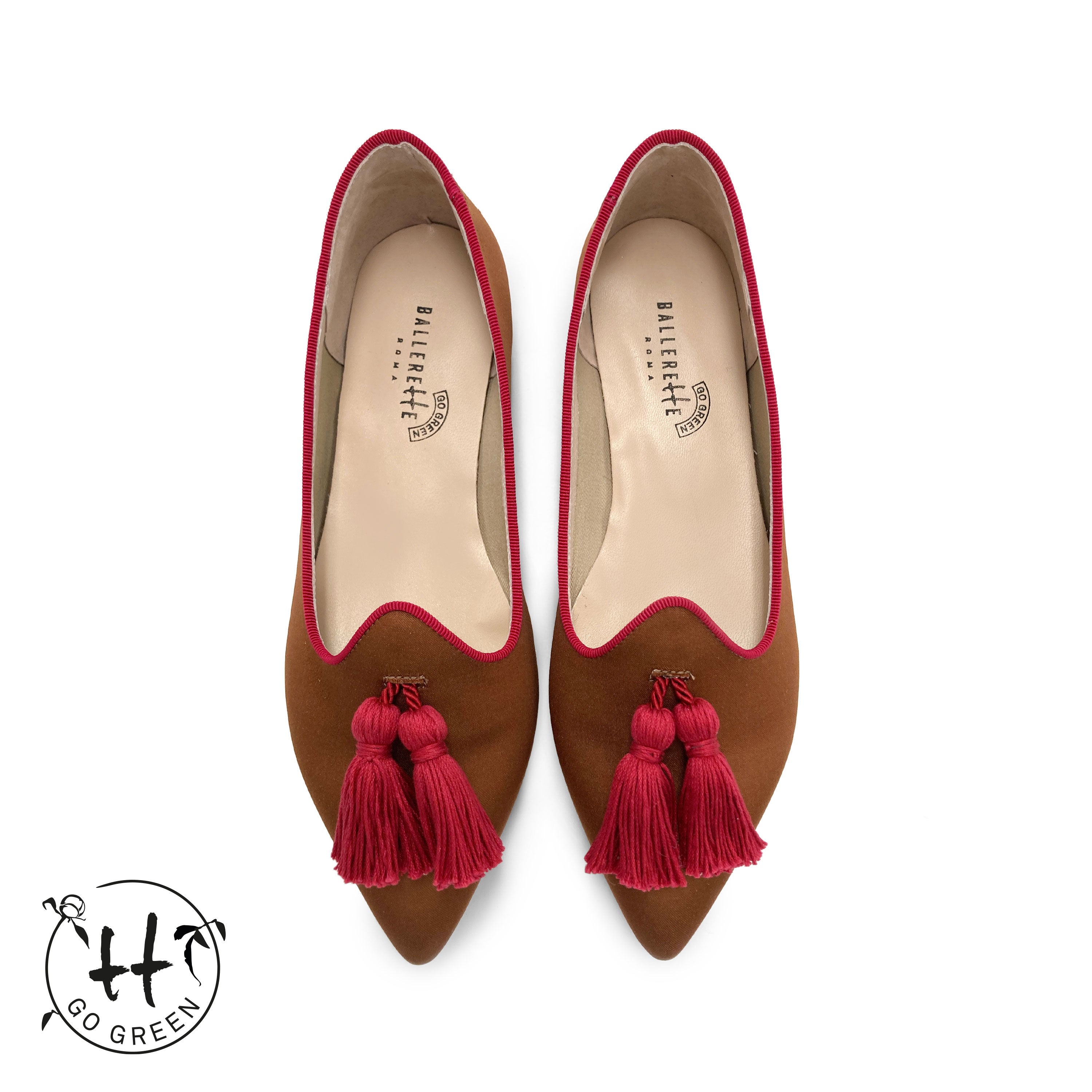 TT Go Green Collection - women’s brown eco-friendly satin moccasins with fuchsia tassels