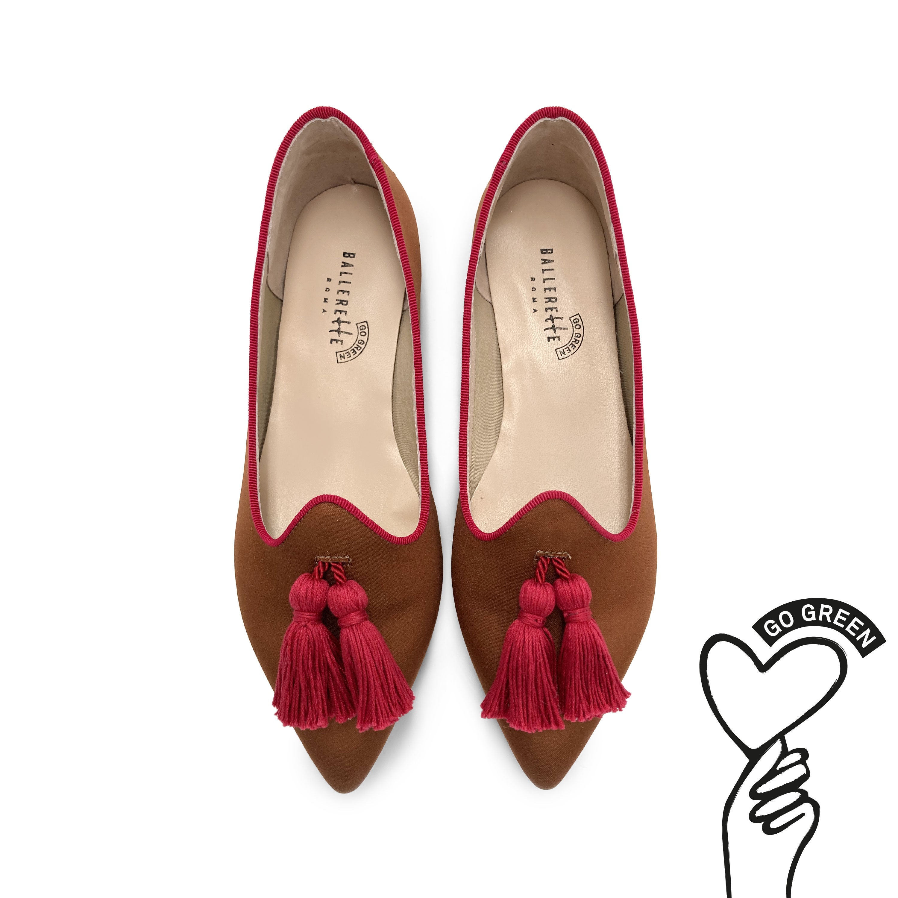 TT Go Green Collection - women’s brown eco-friendly satin moccasins with fuchsia tassels