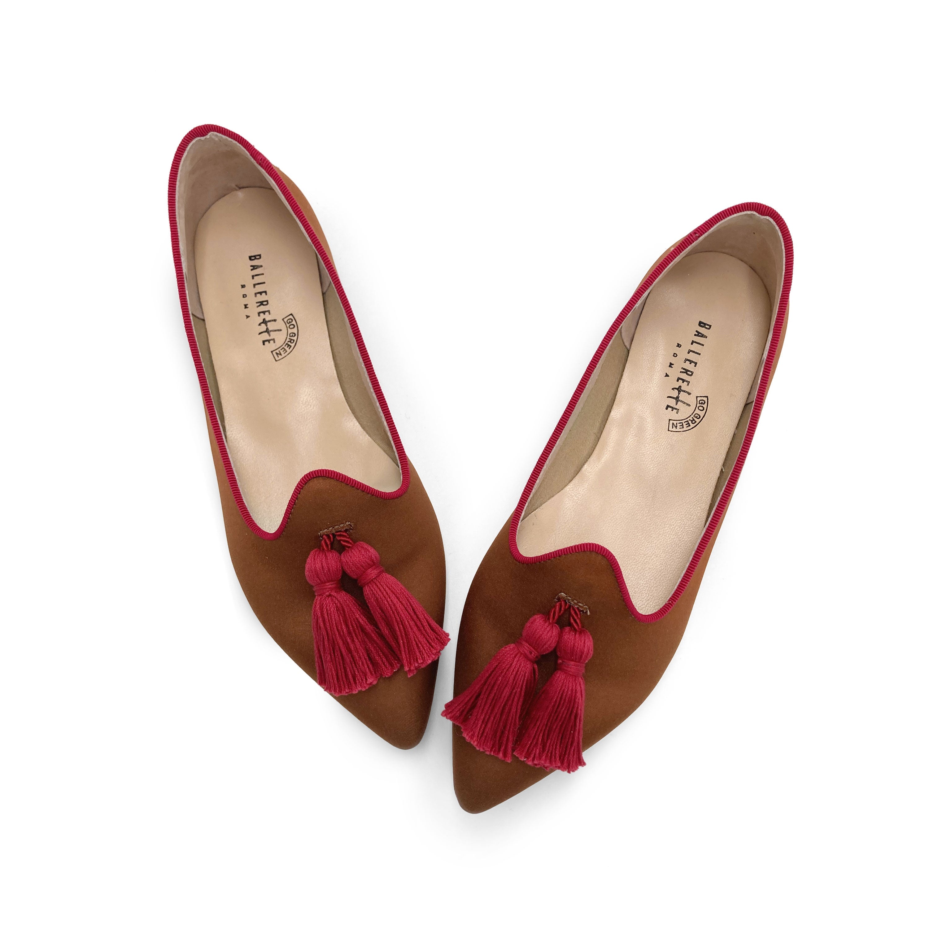 TT Go Green Collection - women’s brown eco-friendly satin moccasins with fuchsia tassels