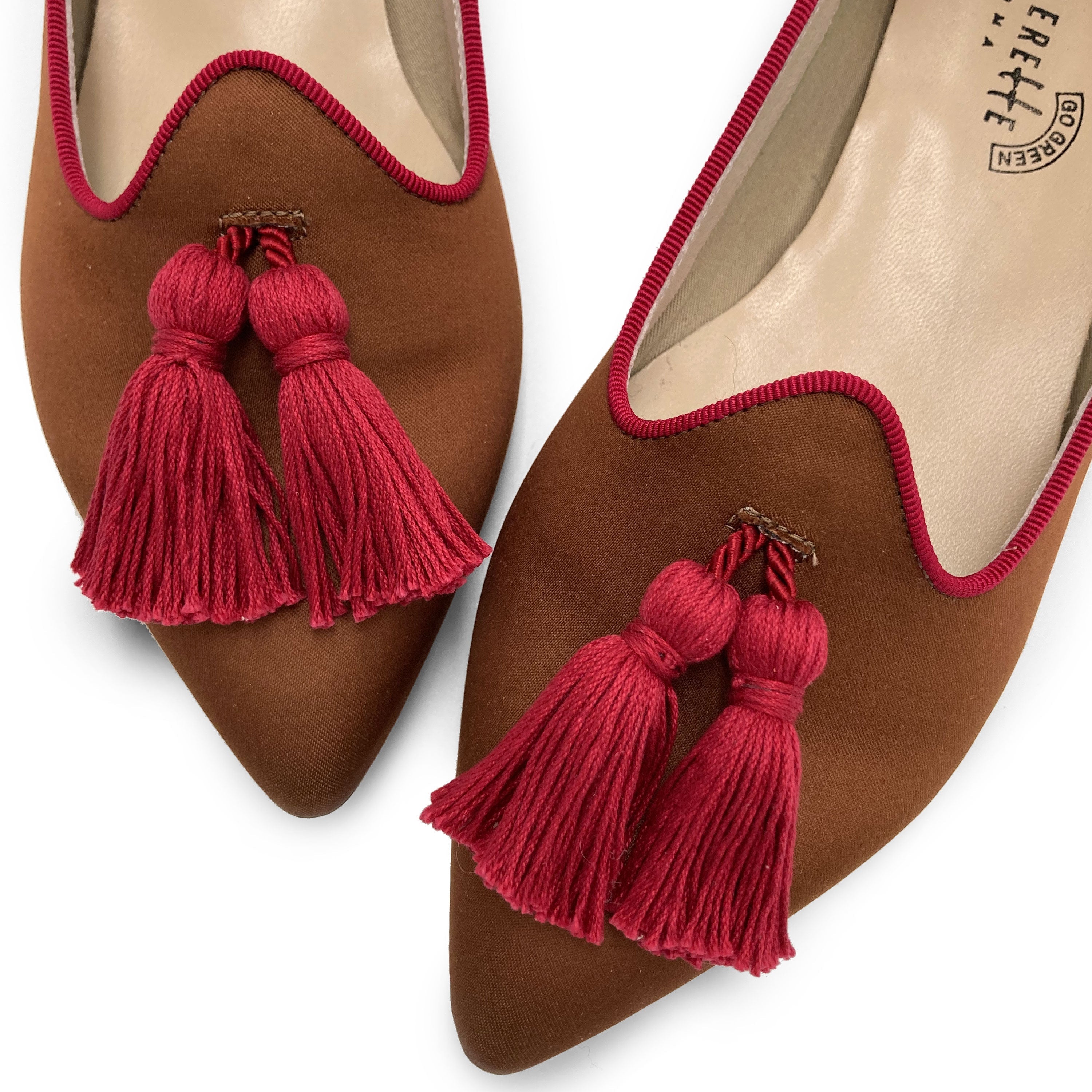TT Go Green Collection - women’s brown eco-friendly satin moccasins with fuchsia tassels