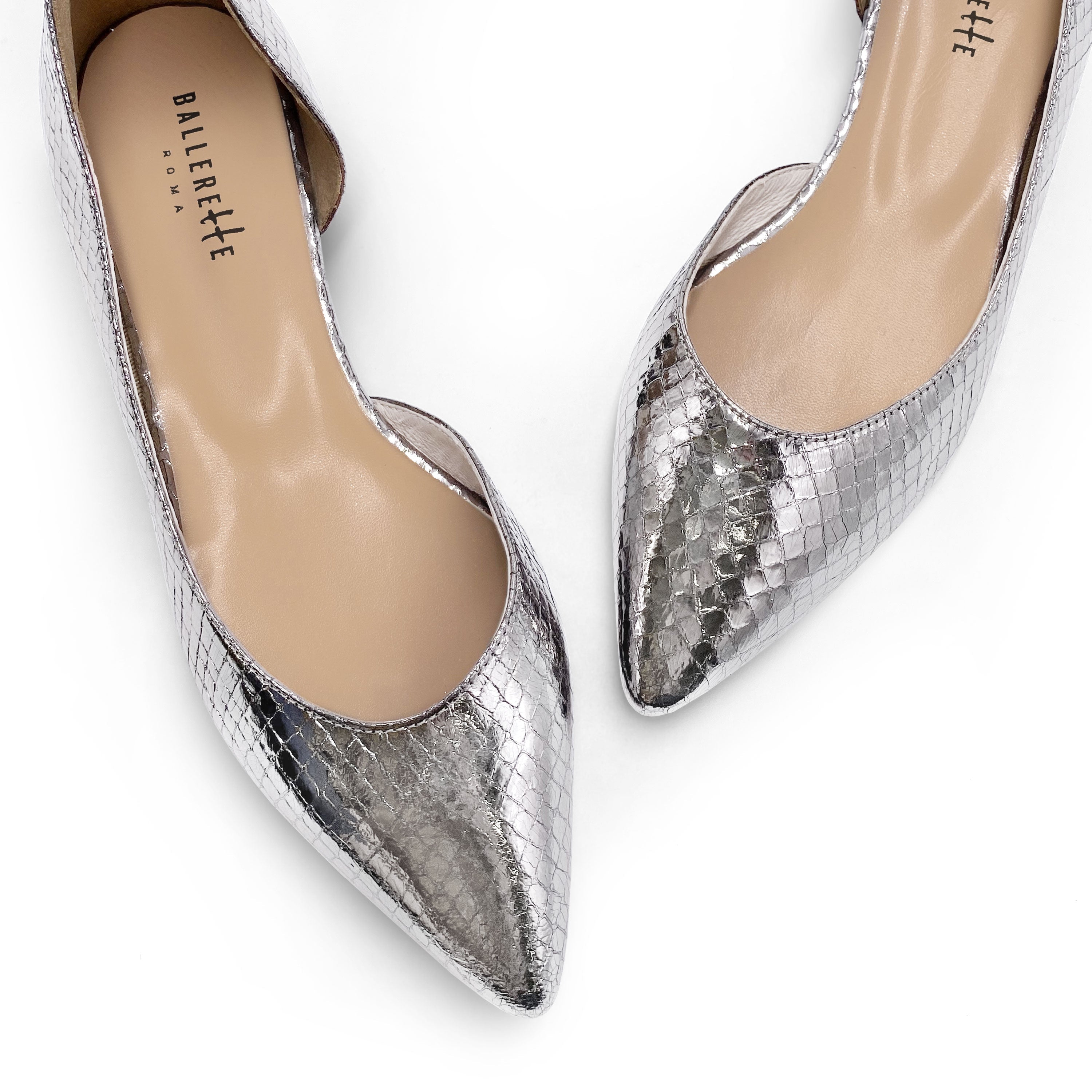 Half d'Orsay silver metallic leather ballet flats