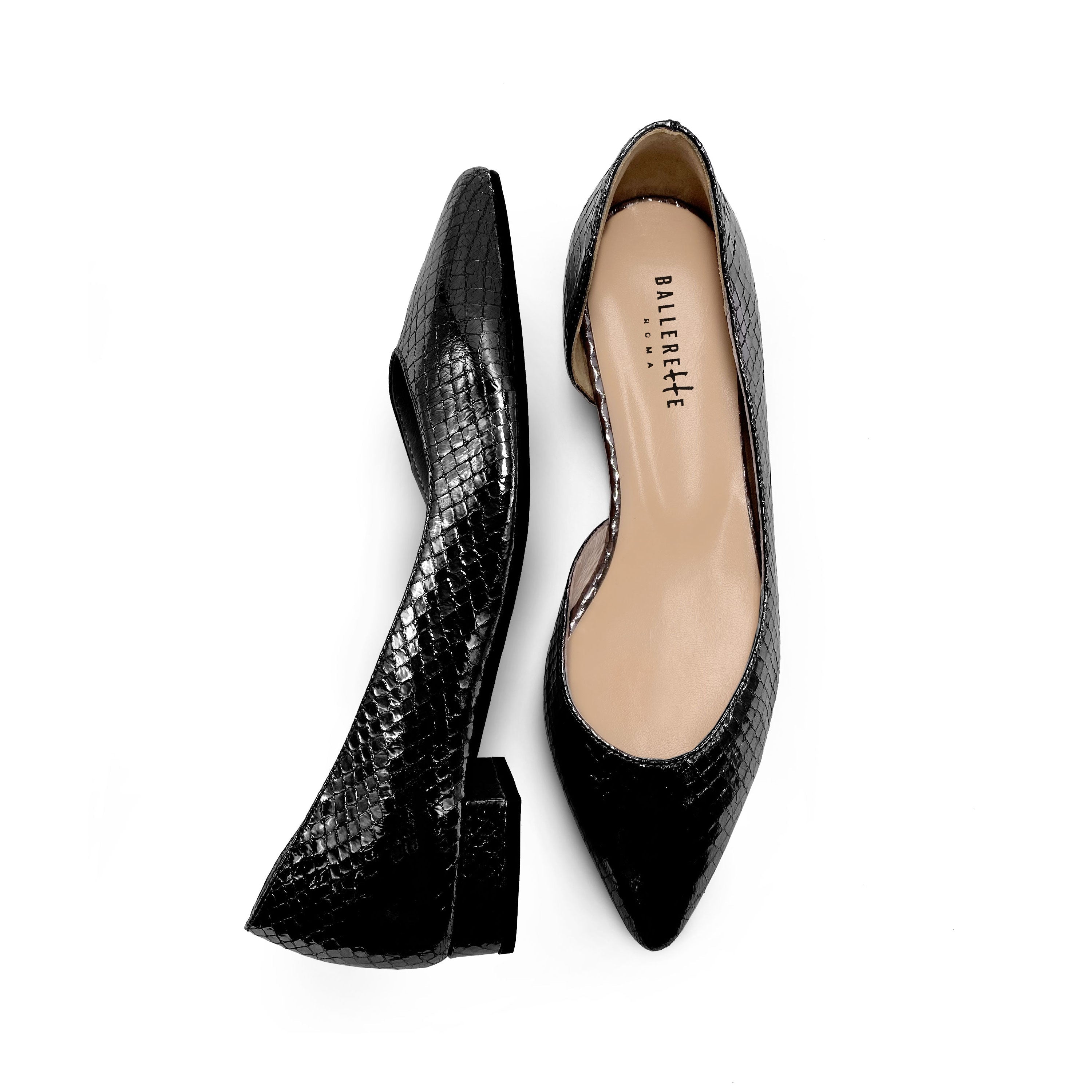 Half d'Orsay black metallic leather ballet flats