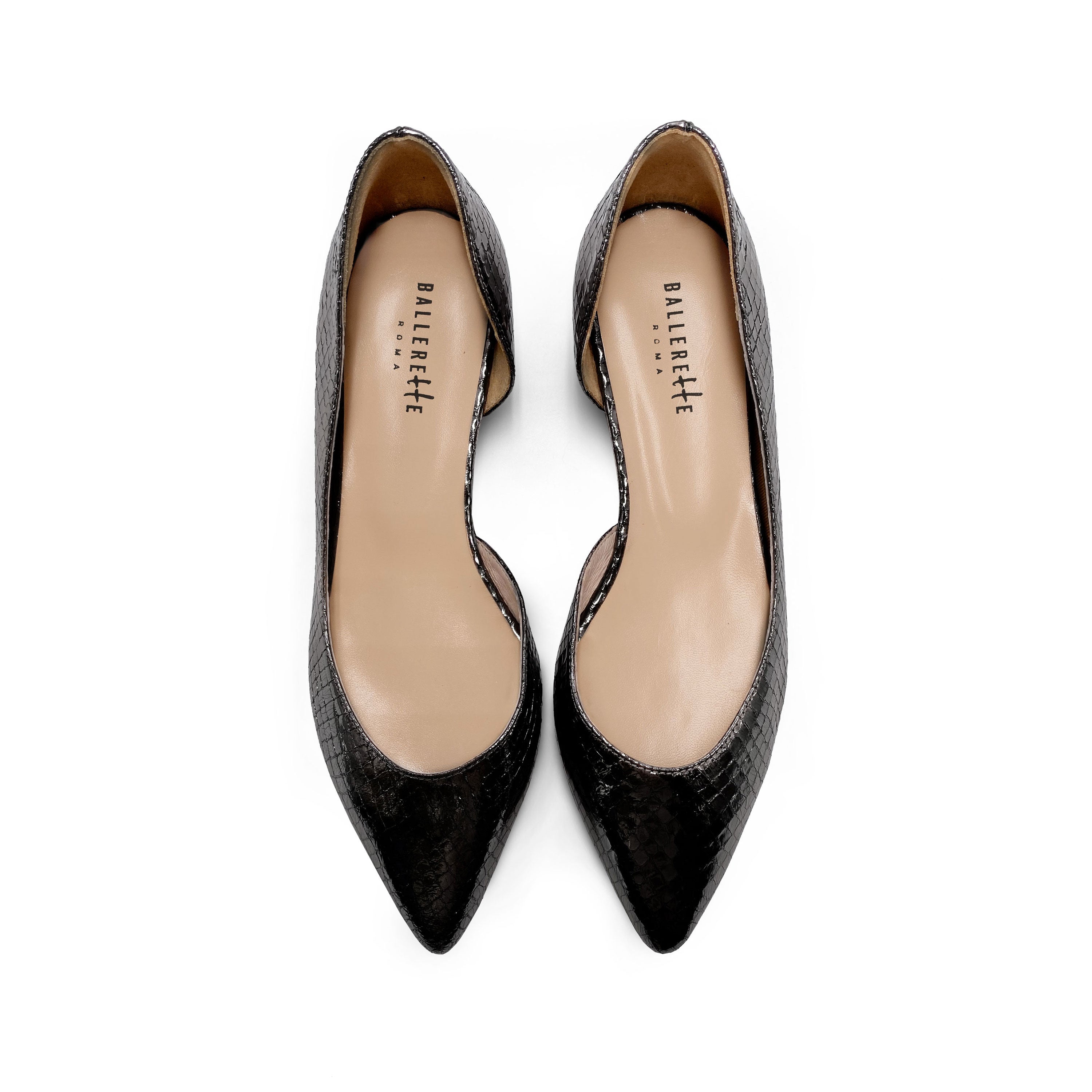 Half d'Orsay black metallic leather ballet flats
