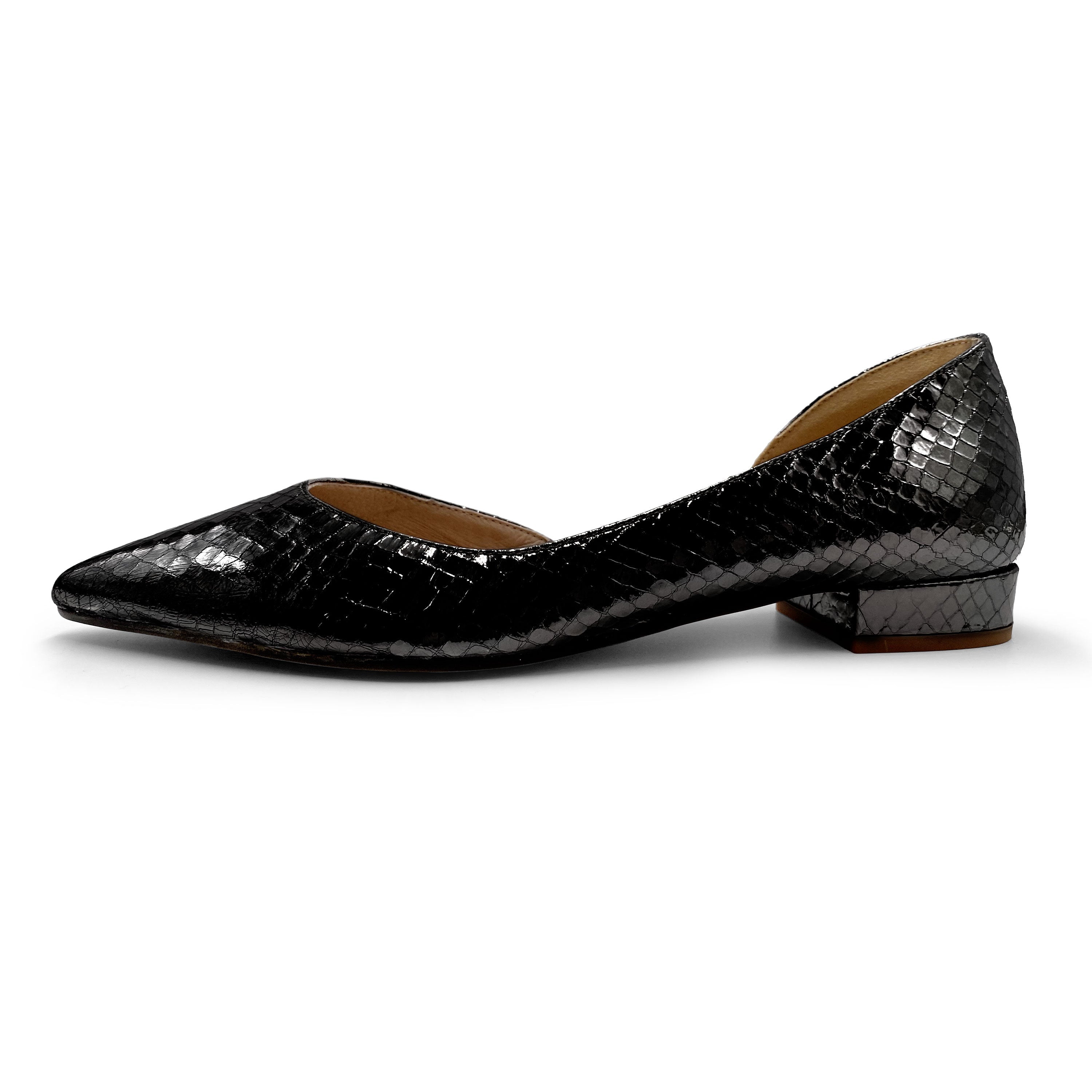 Half d'Orsay black metallic leather ballet flats