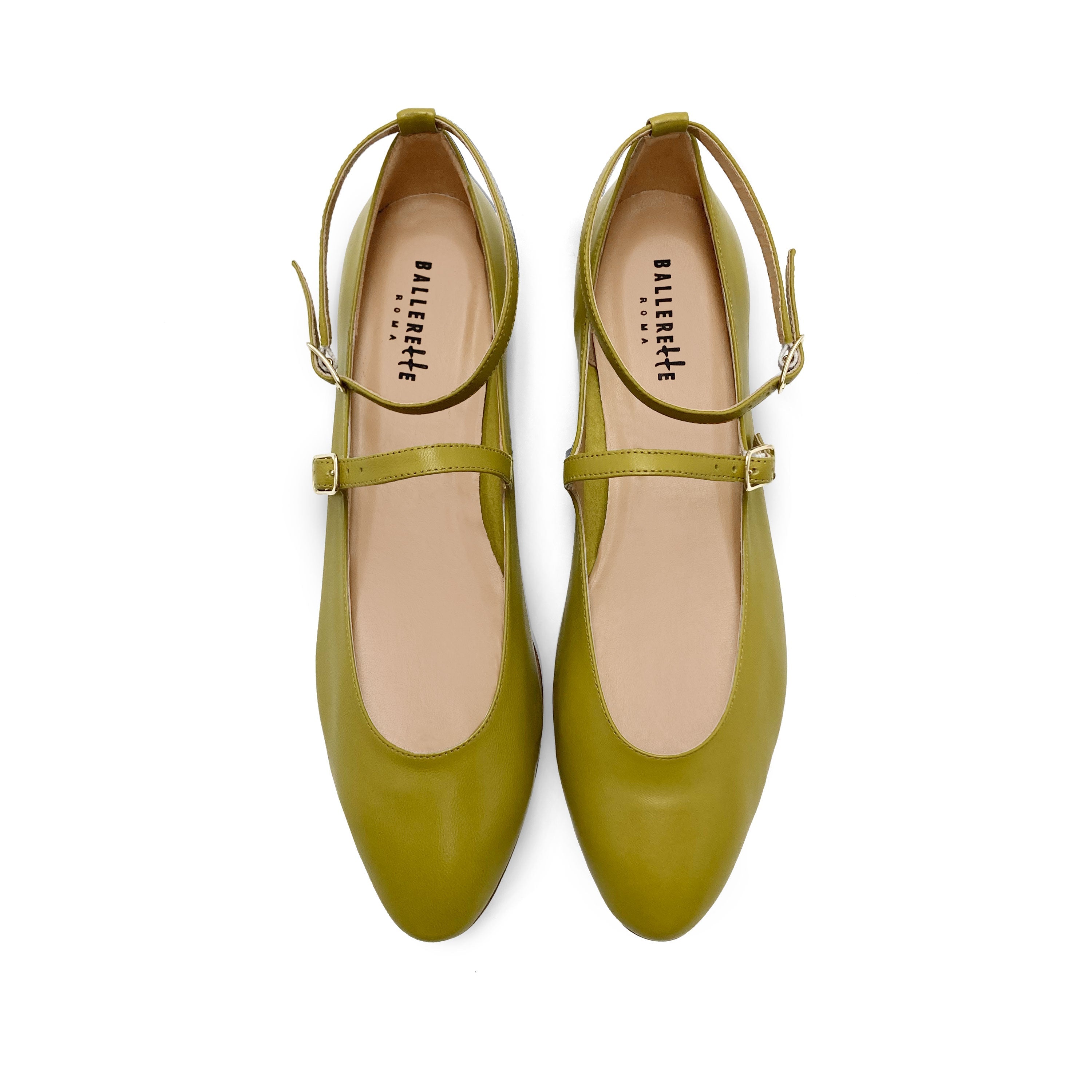 Olive green Mary Jane ballet flats with straps