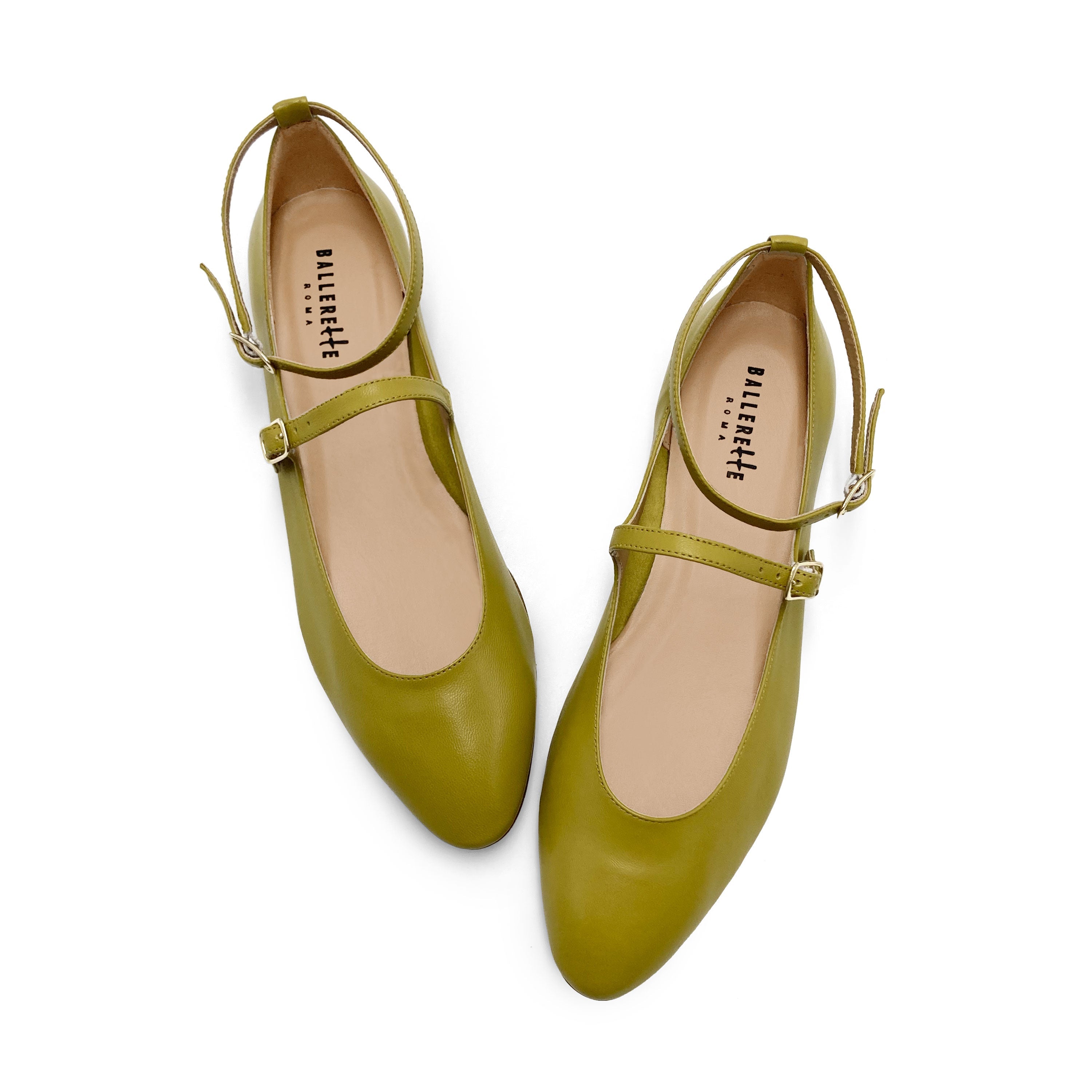 Olive green Mary Jane ballet flats with straps