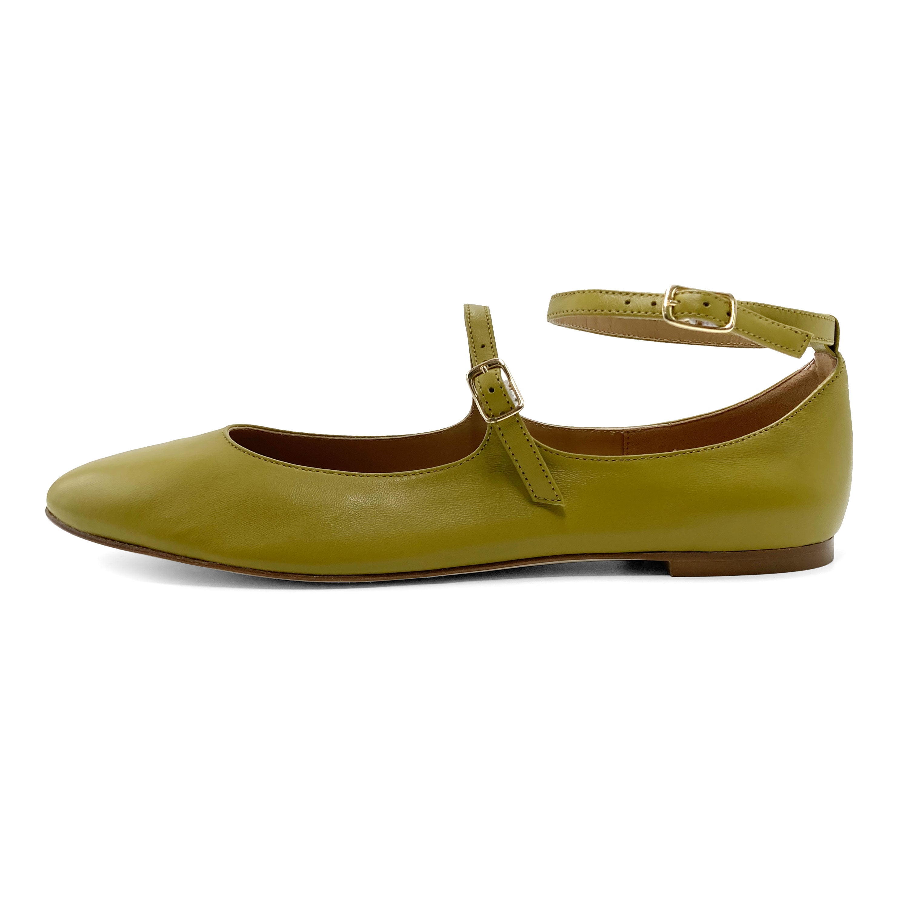 Olive green Mary Jane ballet flats with straps