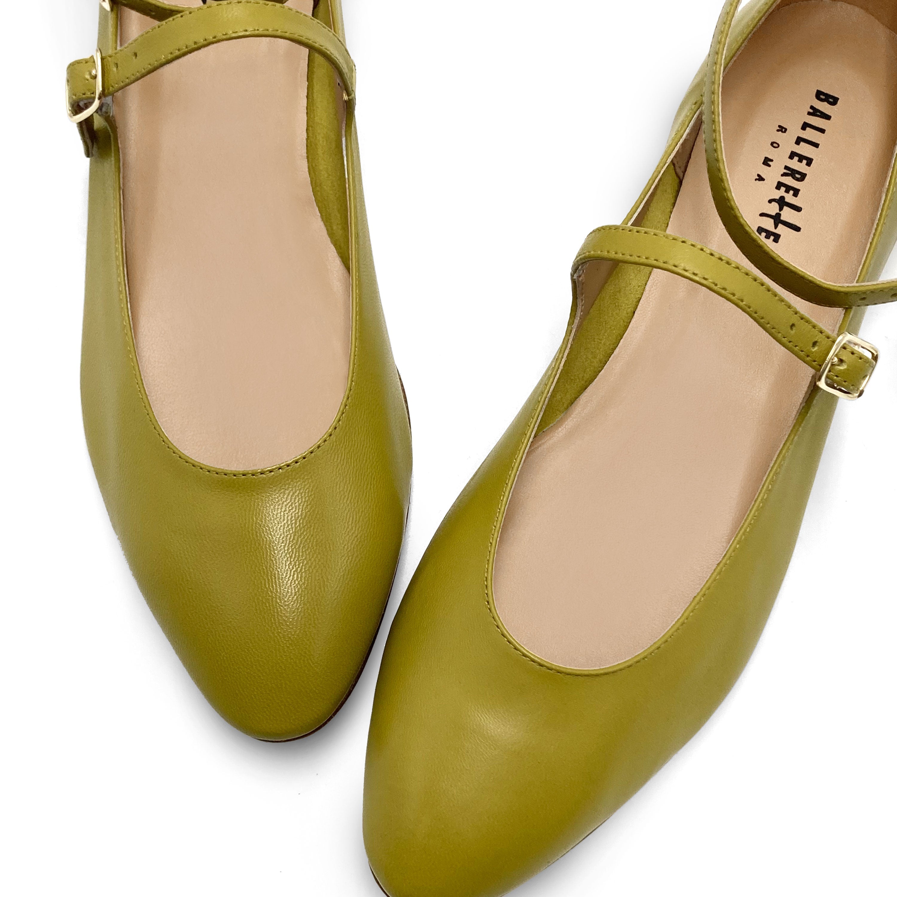 Olive green Mary Jane ballet flats with straps