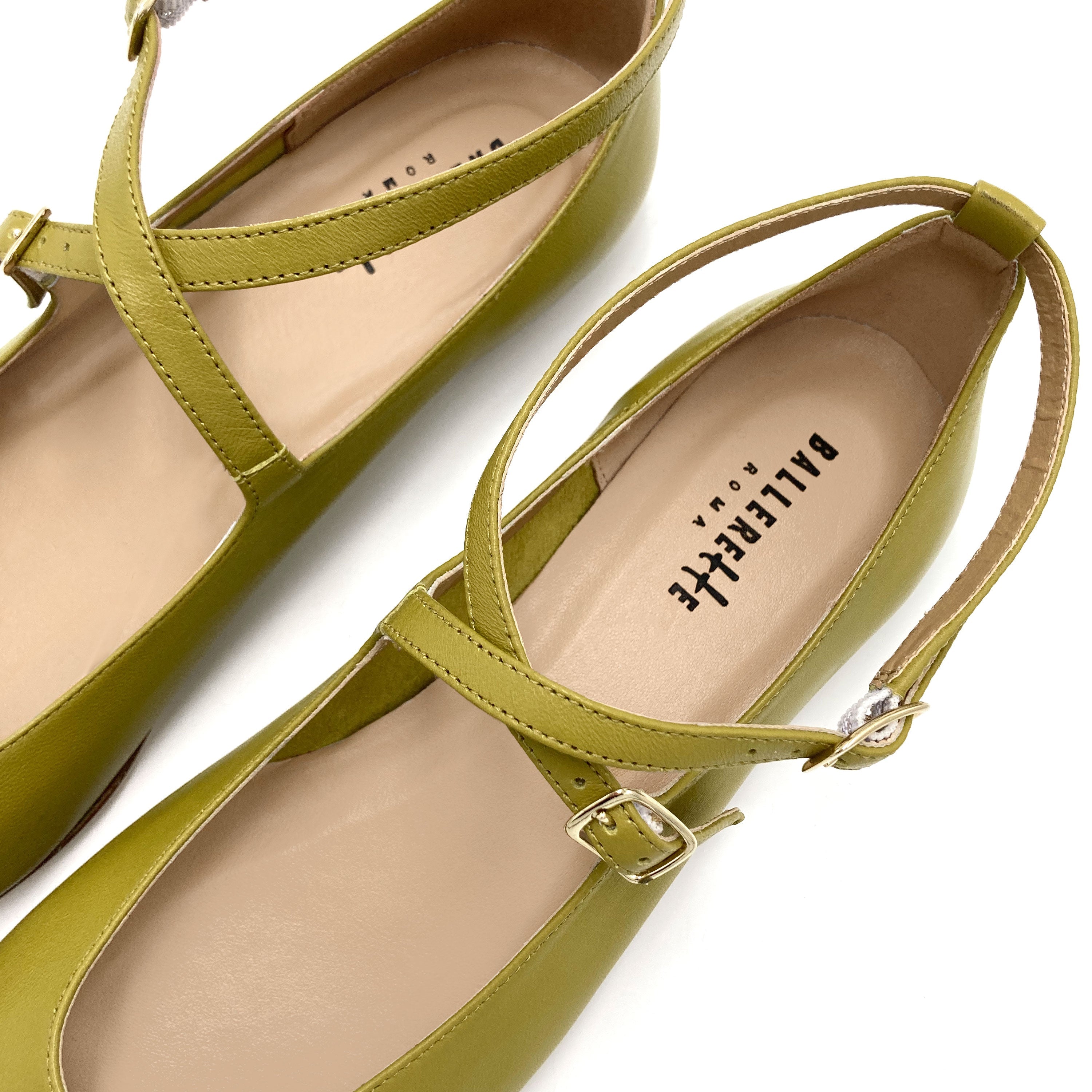 Olive green Mary Jane ballet flats with straps