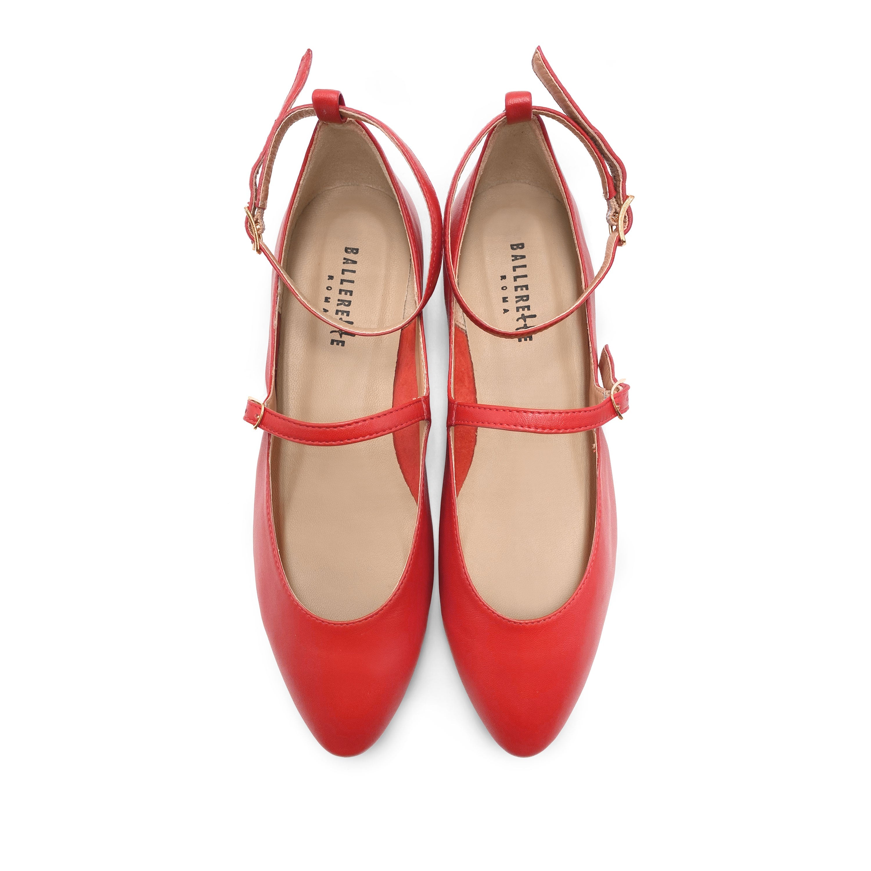 Coral red Mary Jane ballet flats with straps