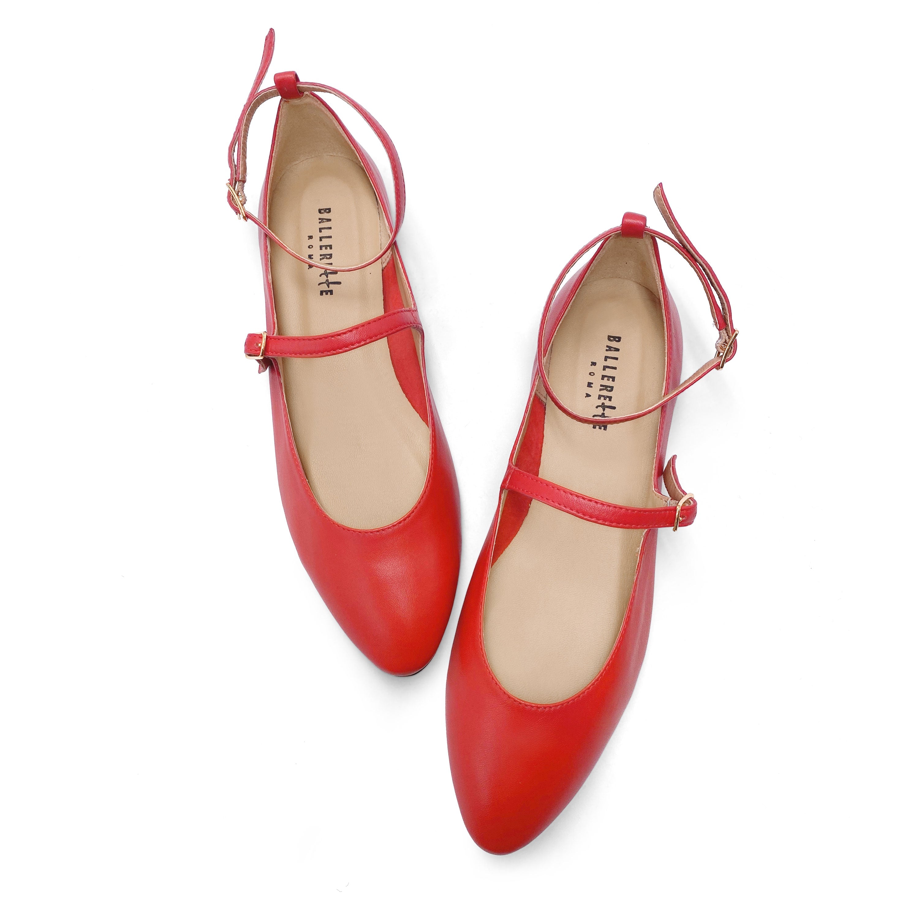 Coral red Mary Jane ballet flats with straps